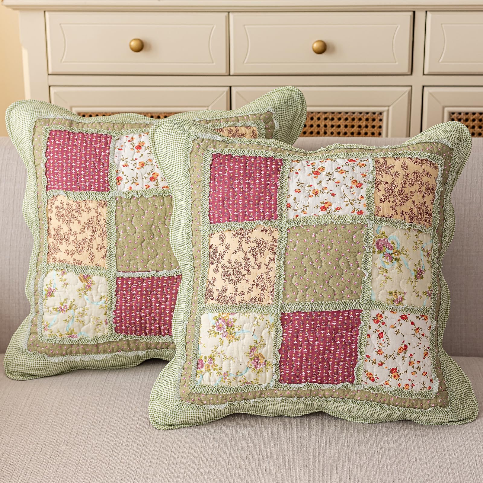 vctops Set of 2 Quilted 100% Cotton Boho Throw Pillow Covers 18" x 18" Farmhouse Country Floral Patchwork Decorative Cushion Cover, Patchwork Flower M