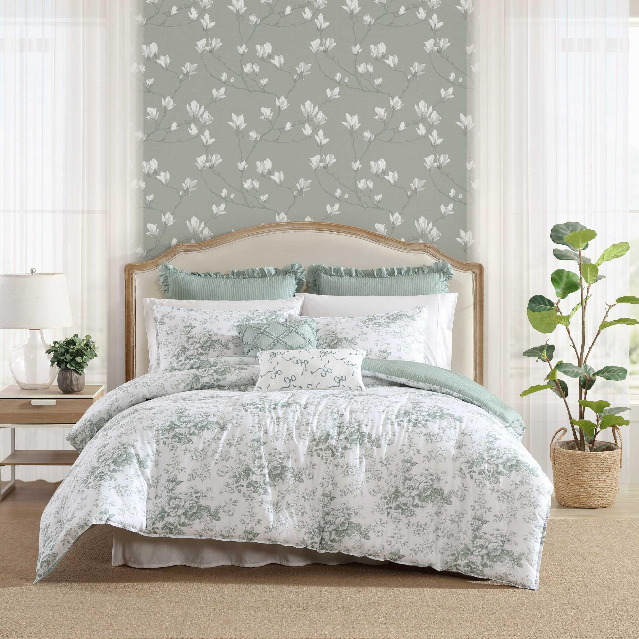 Laura Ashley- King Comforter Set, Cotton Reversible Bedding Set, Includes Matching Shams with Bonus Euro Shams & Throw Pillow Covers (Branch Toile Blue, King)