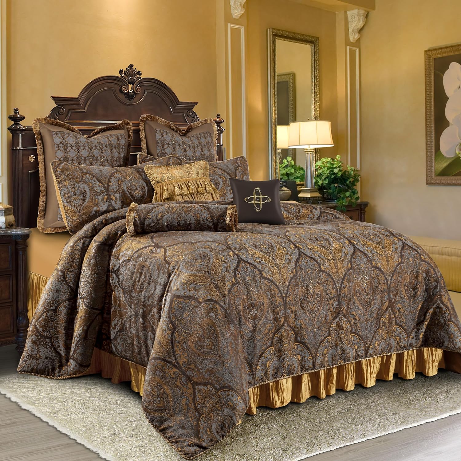 Loom and Mill Jacquard Comforter Set-9 Piece, Luxury Classic Antique Comforter Set King, Ultra Soft Damask Bedding with Euro Shams, Bedskirt, Filled Decorative Pillows(Cambridge, King),Bronze Gold