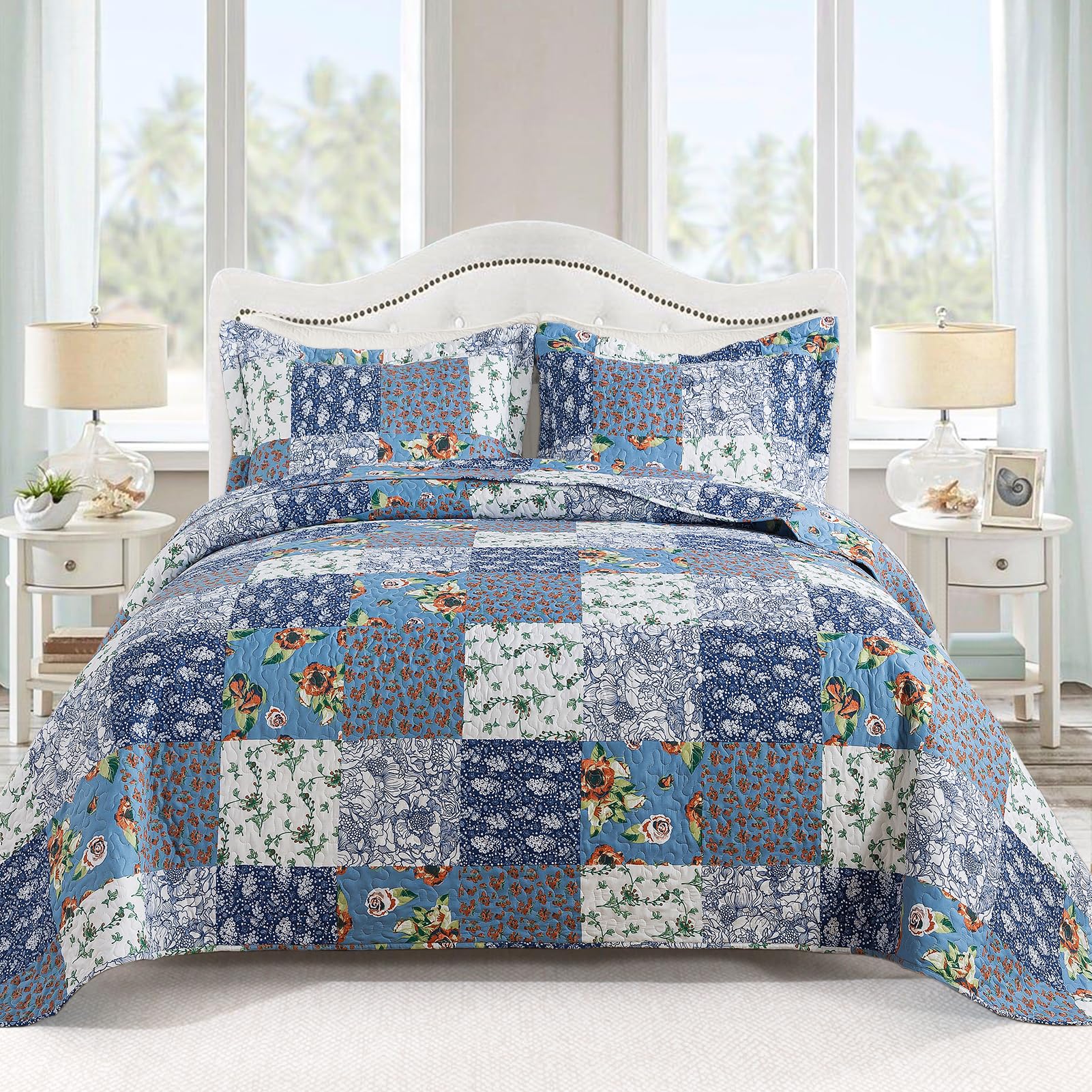 VAPUTAR Quilt King Bedding Set - Soft Cotton Quilts with Paisley Floral Pattern - Lightweight Reversible Bedspreads for Farmhouse (3 Pieces, Bright Teal)