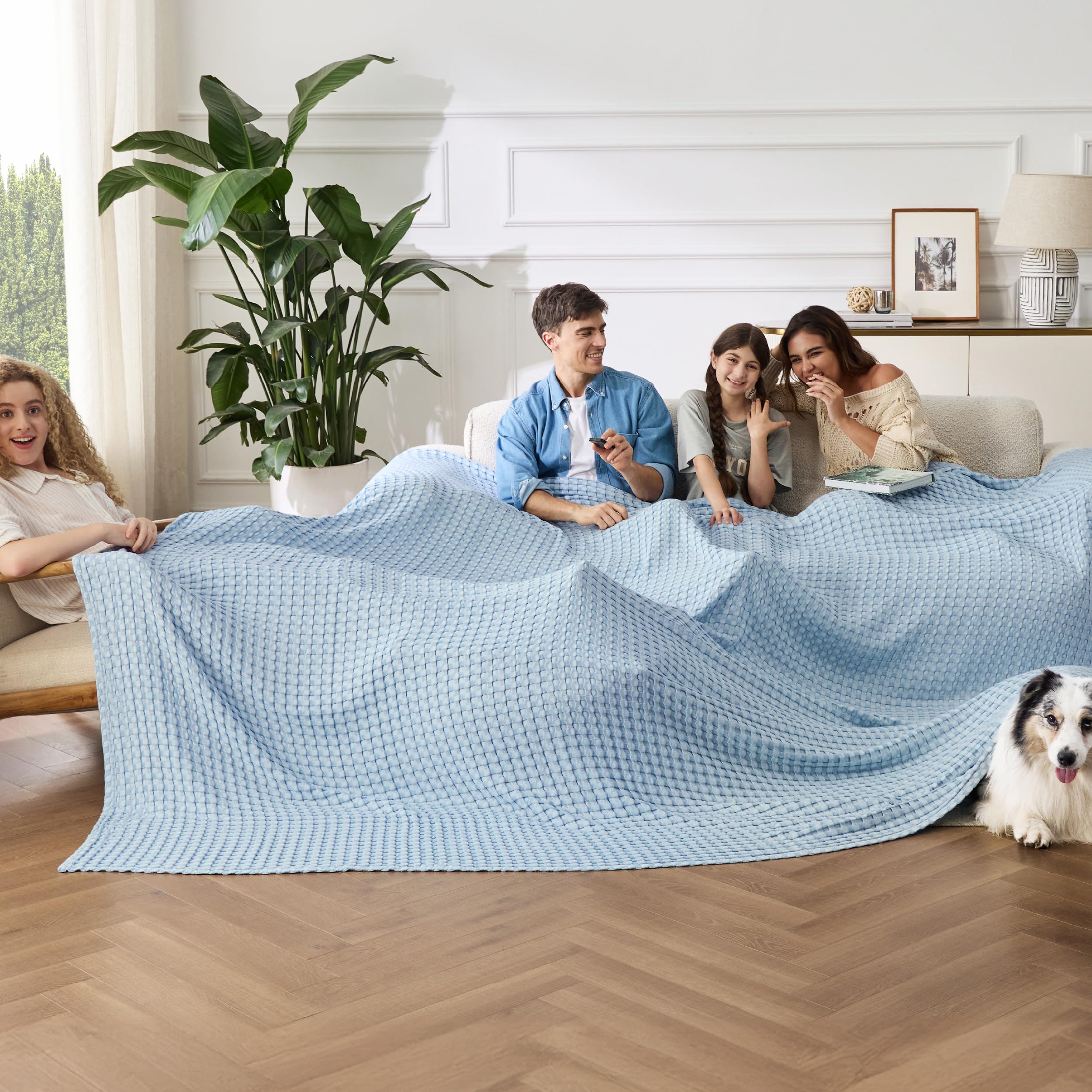 Bedsure Cooling Waffle Queen Size Blanket - Lightweight Cotton Summer Blanket of Rayon Derived from Bamboo for Hot Sleepers, Luxury Throws for Bed, Couch and Sofa, Ivory, 90x90 Inches