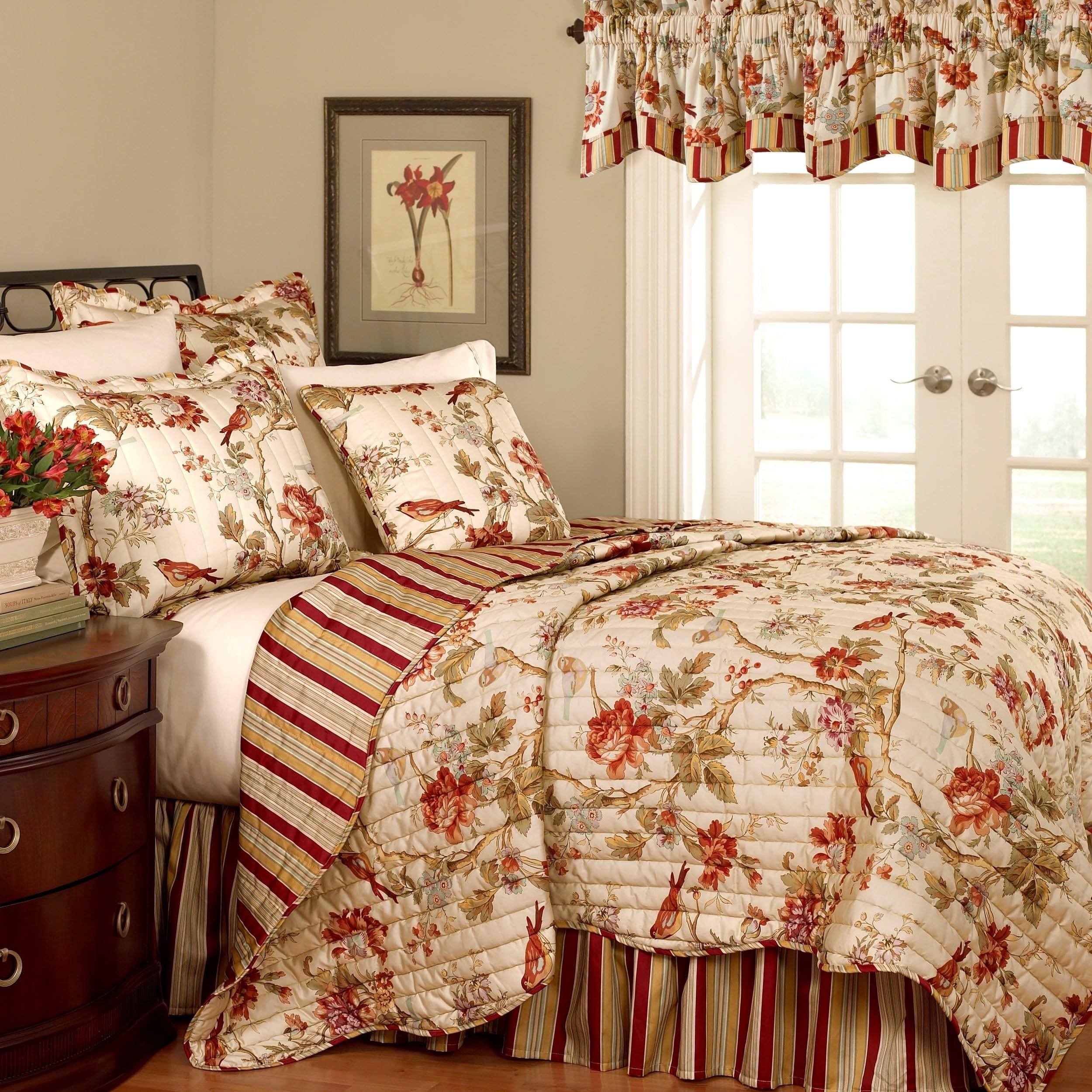 Waverly Charleston Chirp 4 Piece Quilt Set - 100% Cotton Light Weight Bedding with Bed Skirt & 2 Pillow Shams - Full/Queen Papaya