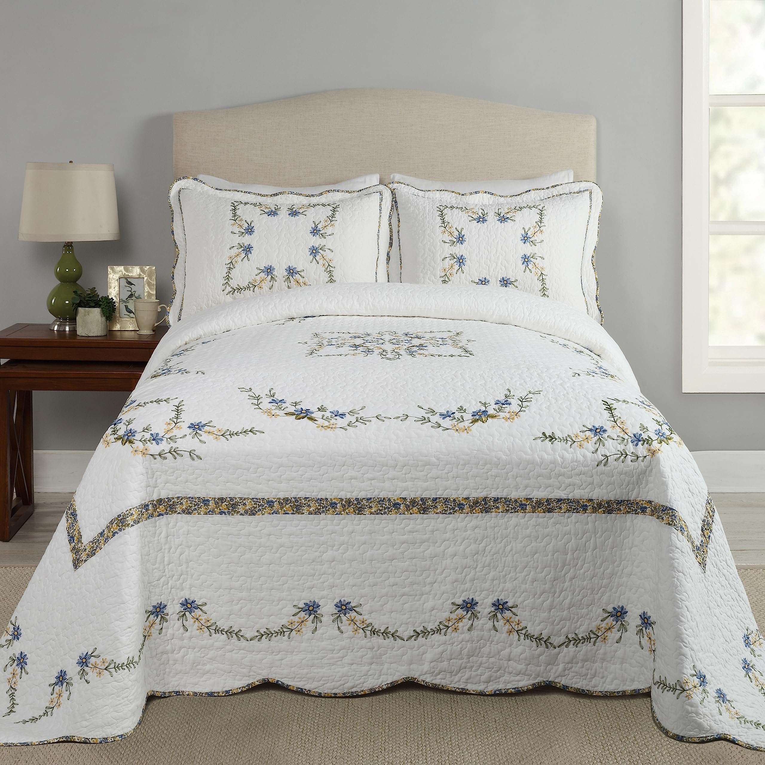 Modern Heirloom Heather Embroidered Single Pillow Sham - Lightweight Breathable All Seasons Bedding, King Sham, Blue/White