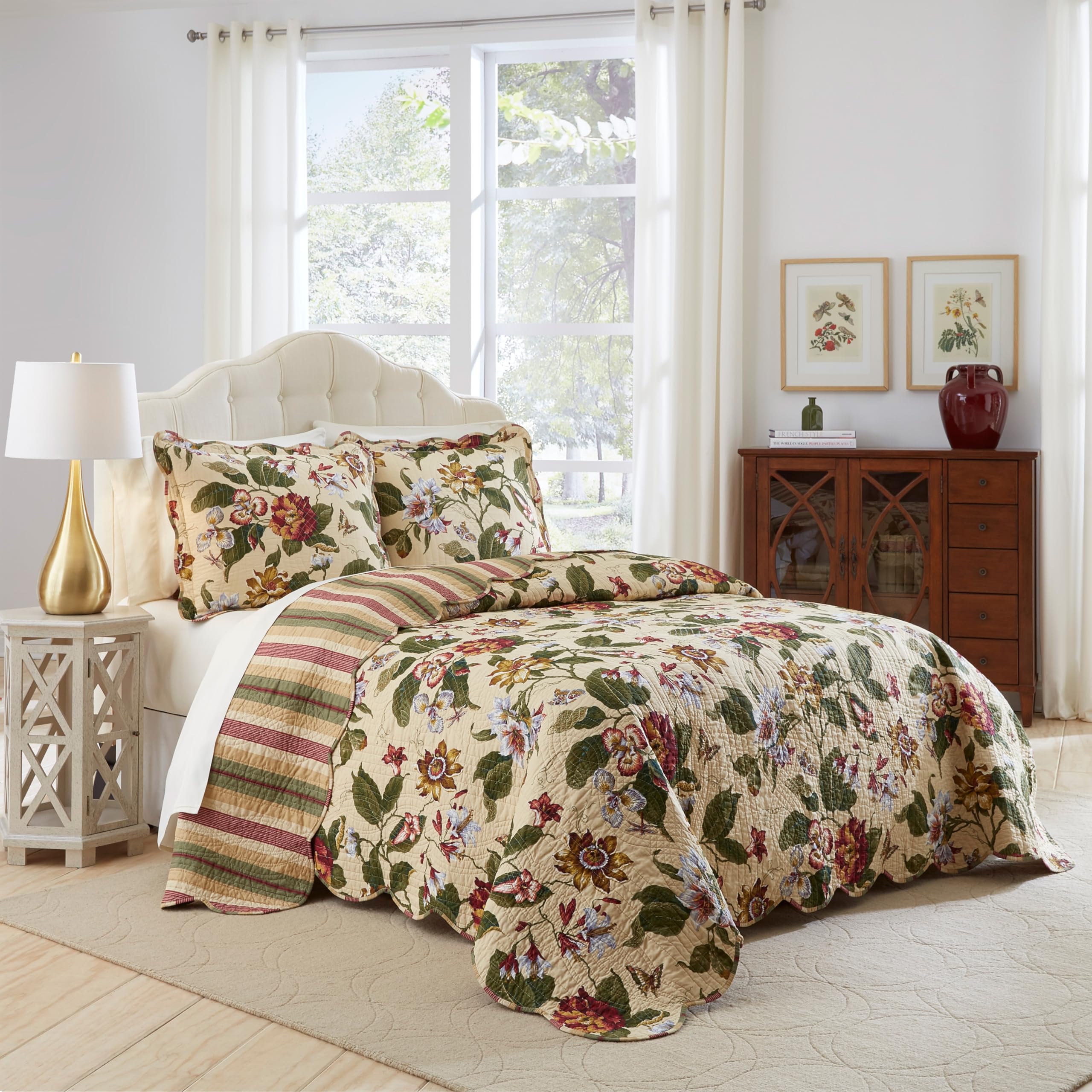 Waverly Charleston Chirp 4 Piece Quilt Set - 100% Cotton Light Weight Bedding with Bed Skirt & 2 Pillow Shams - Full/Queen Papaya