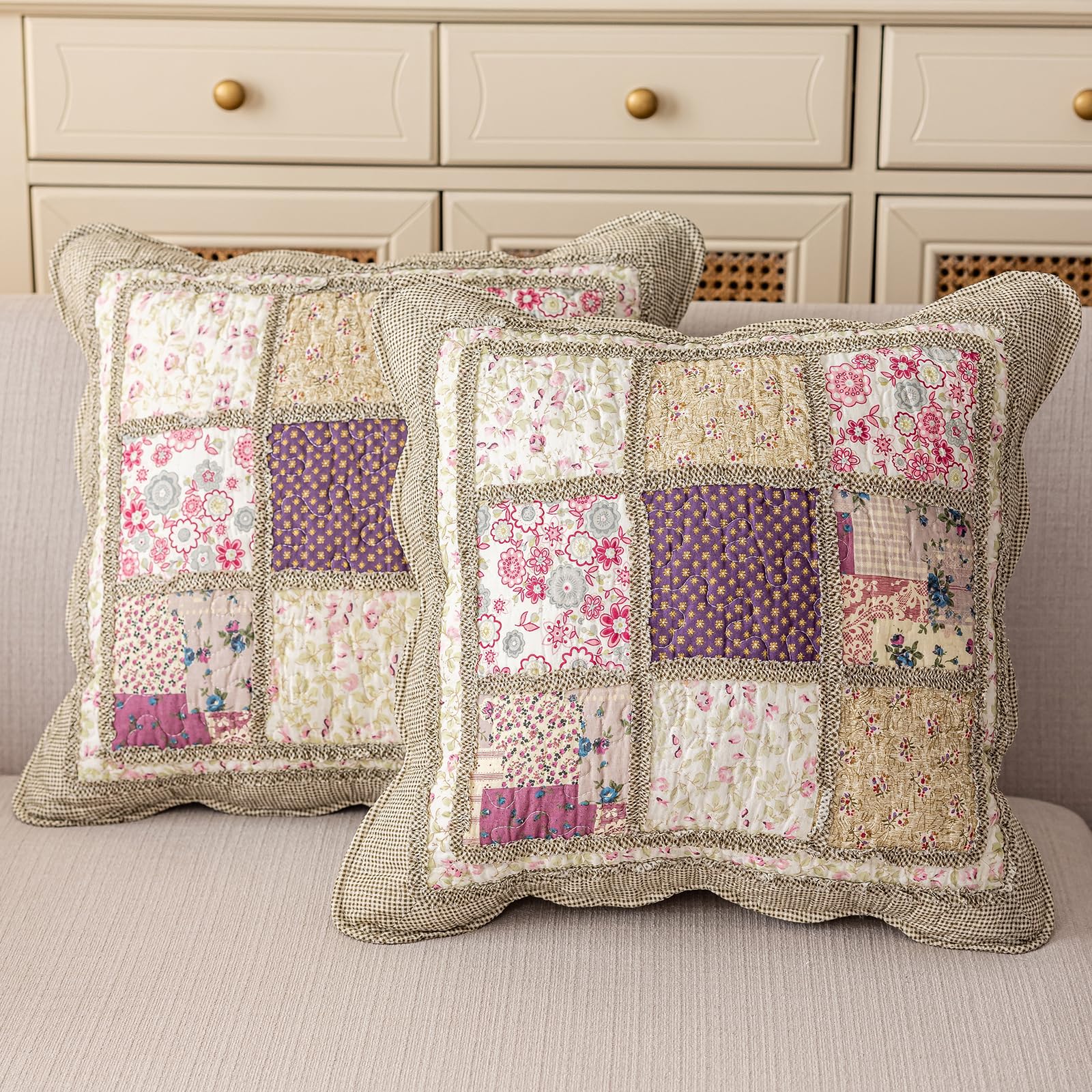 vctops Set of 2 Quilted 100% Cotton Boho Throw Pillow Covers 18" x 18" Farmhouse Country Floral Patchwork Decorative Cushion Cover, Patchwork Flower M