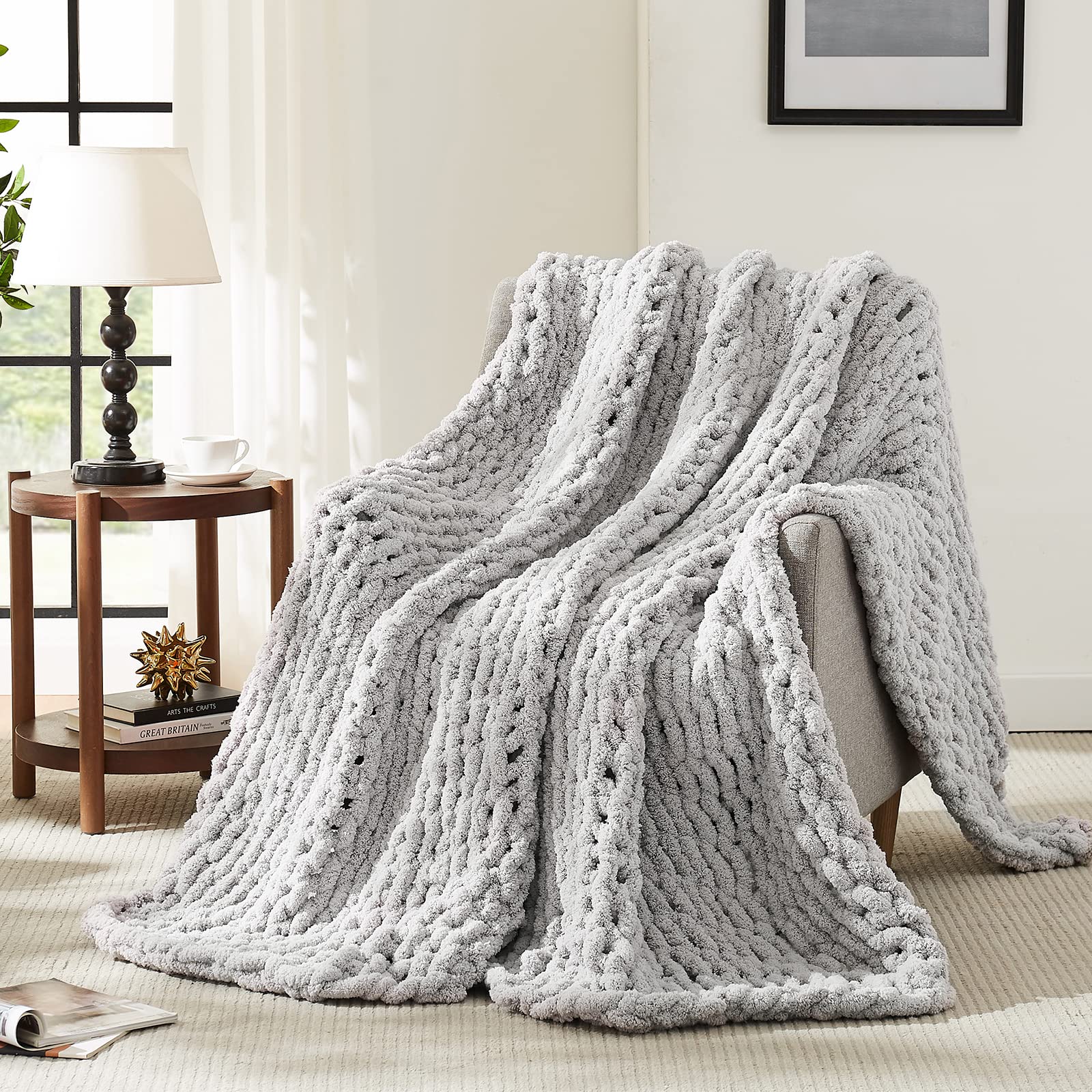 L'AGRATY Chunky Knit Blanket Throw,Soft Chenille Yarn Throw Blanket 50x60，Handmade Cable Knit Crochet Blanket,Large Knit Blankets Chunky Yarn,Rope Knot Throw Blanket for Couch Sofa Bed Home Decor
