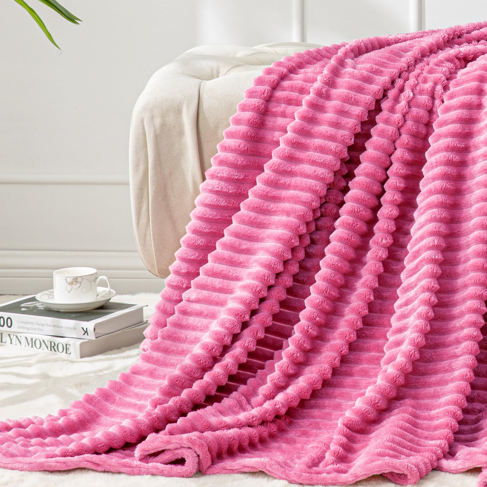BEDELITE Fleece Throw Blanket for Couch – 3D Ribbed Jacquard Soft and Warm Decorative Fuzzy Blanket – Cozy, Fluffy, Plush Lightweight Pink Throw Blankets for Bed, Sofa, 50x60 inches