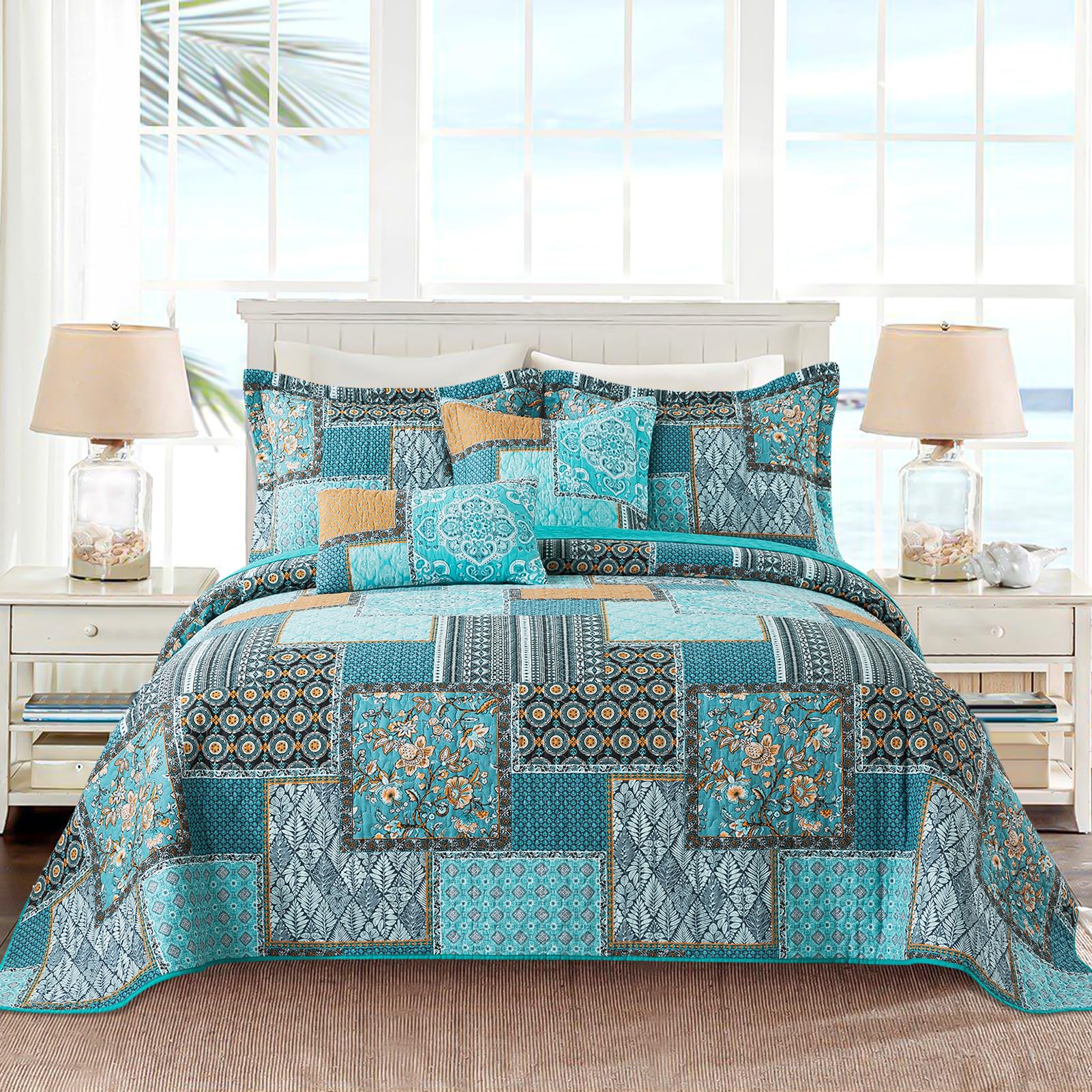 VAPUTAR Quilt King Bedding Set - Soft Cotton Quilts with Paisley Floral Pattern - Lightweight Reversible Bedspreads for Farmhouse (3 Pieces, Bright Teal)