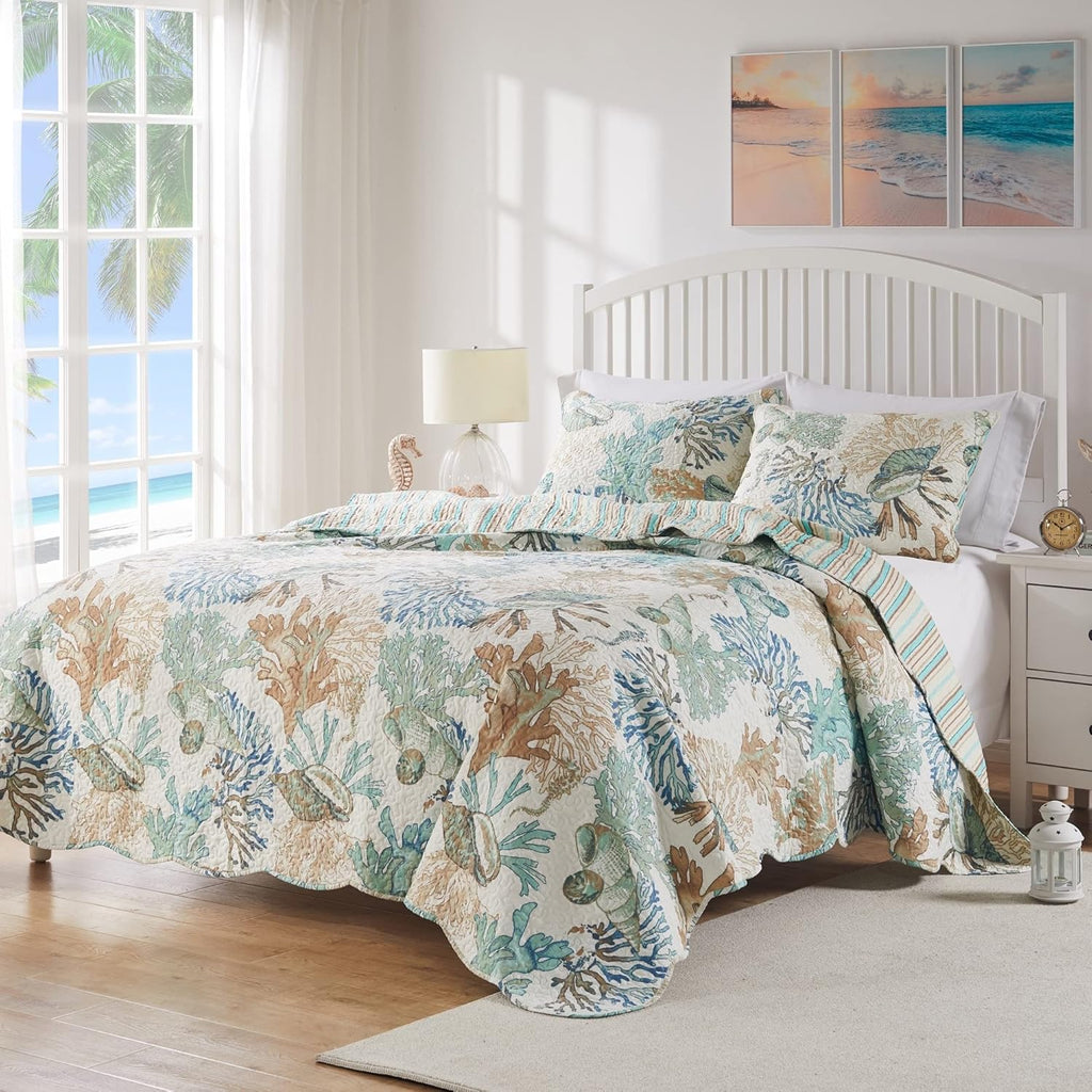 Greenland Home Atlantis Coastal Sea Coral Oversized Reversible Quilt Set, 3-Piece Full/Queen, Jade