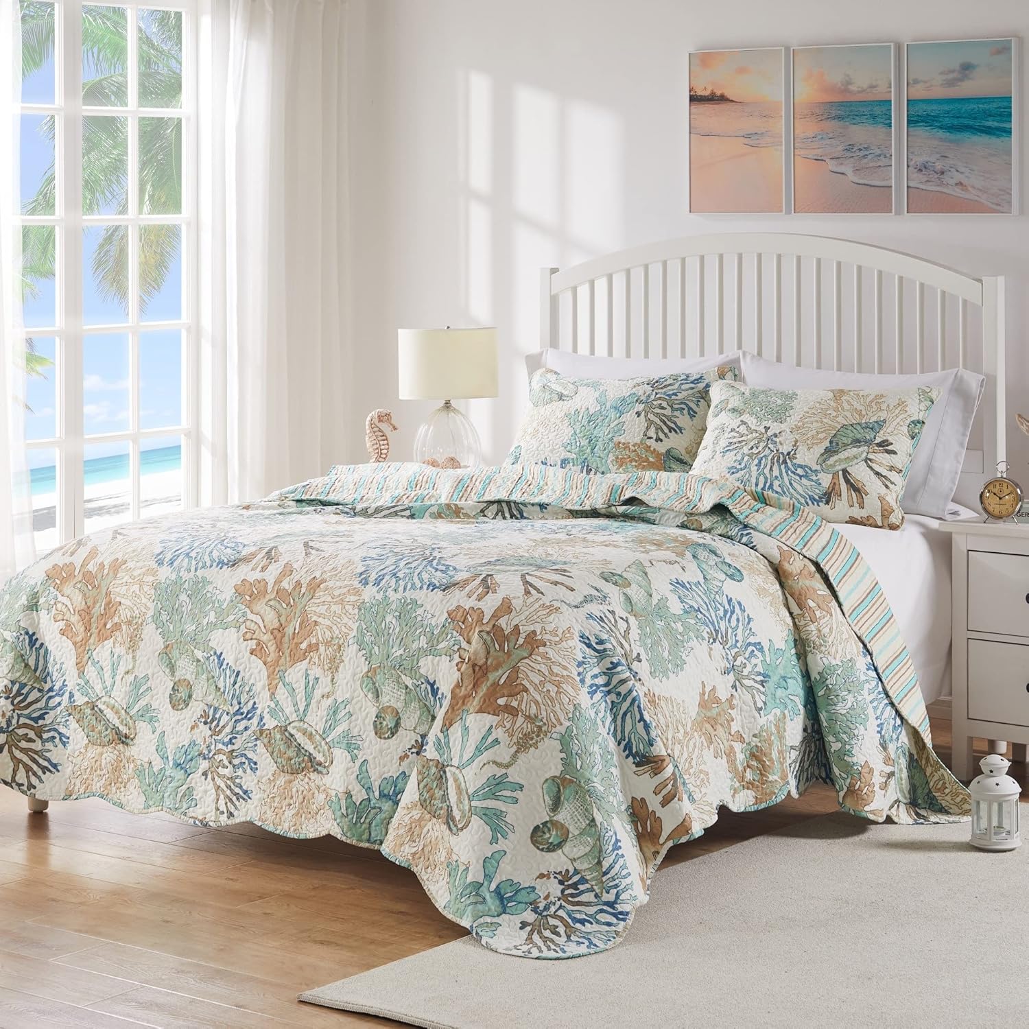 Greenland Home Atlantis Coastal Sea Coral Oversized Reversible Quilt Set, 3-Piece Full/Queen, Jade