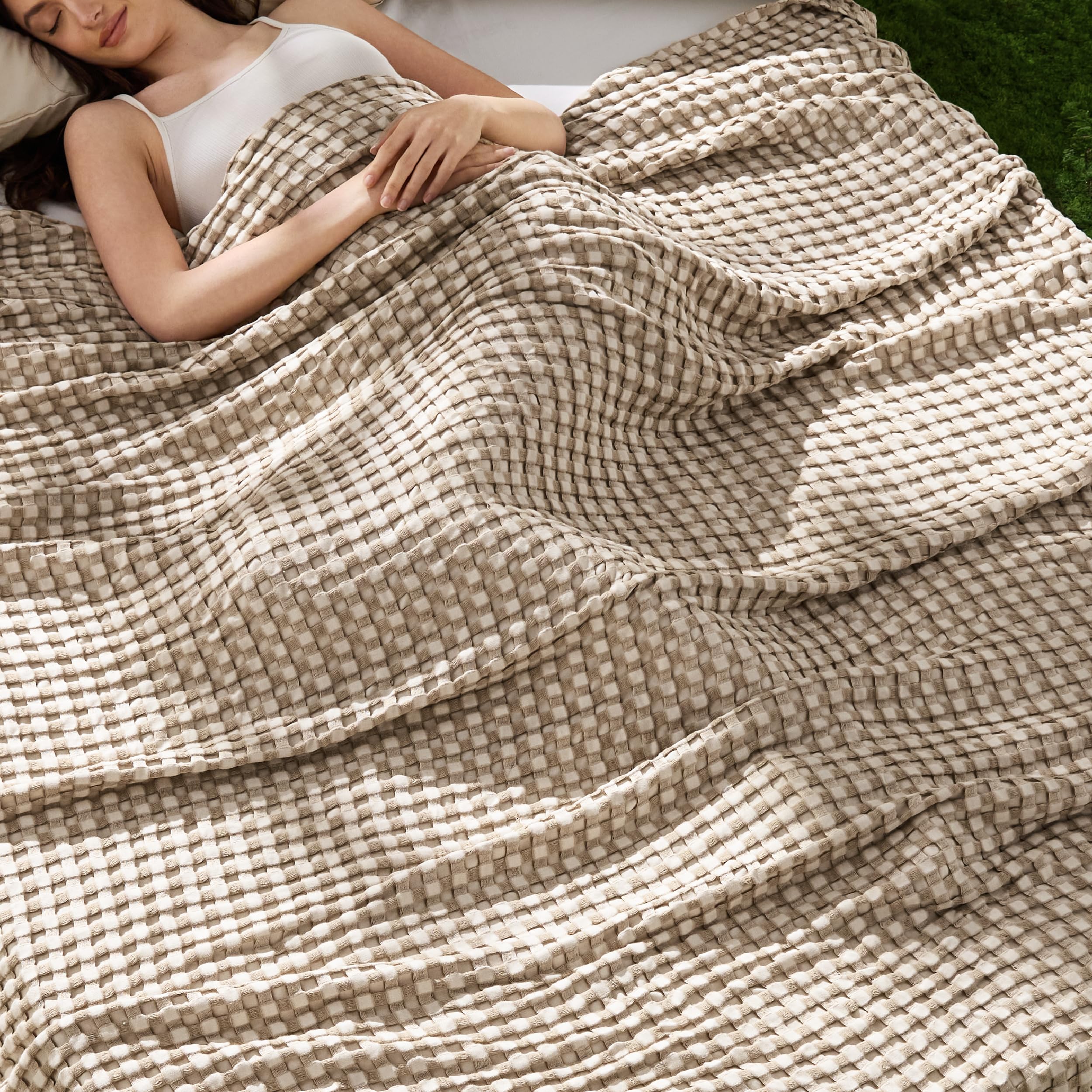 Bedsure Cooling Waffle Queen Size Blanket - Lightweight Cotton Summer Blanket of Rayon Derived from Bamboo for Hot Sleepers, Luxury Throws for Bed, Couch and Sofa, Ivory, 90x90 Inches