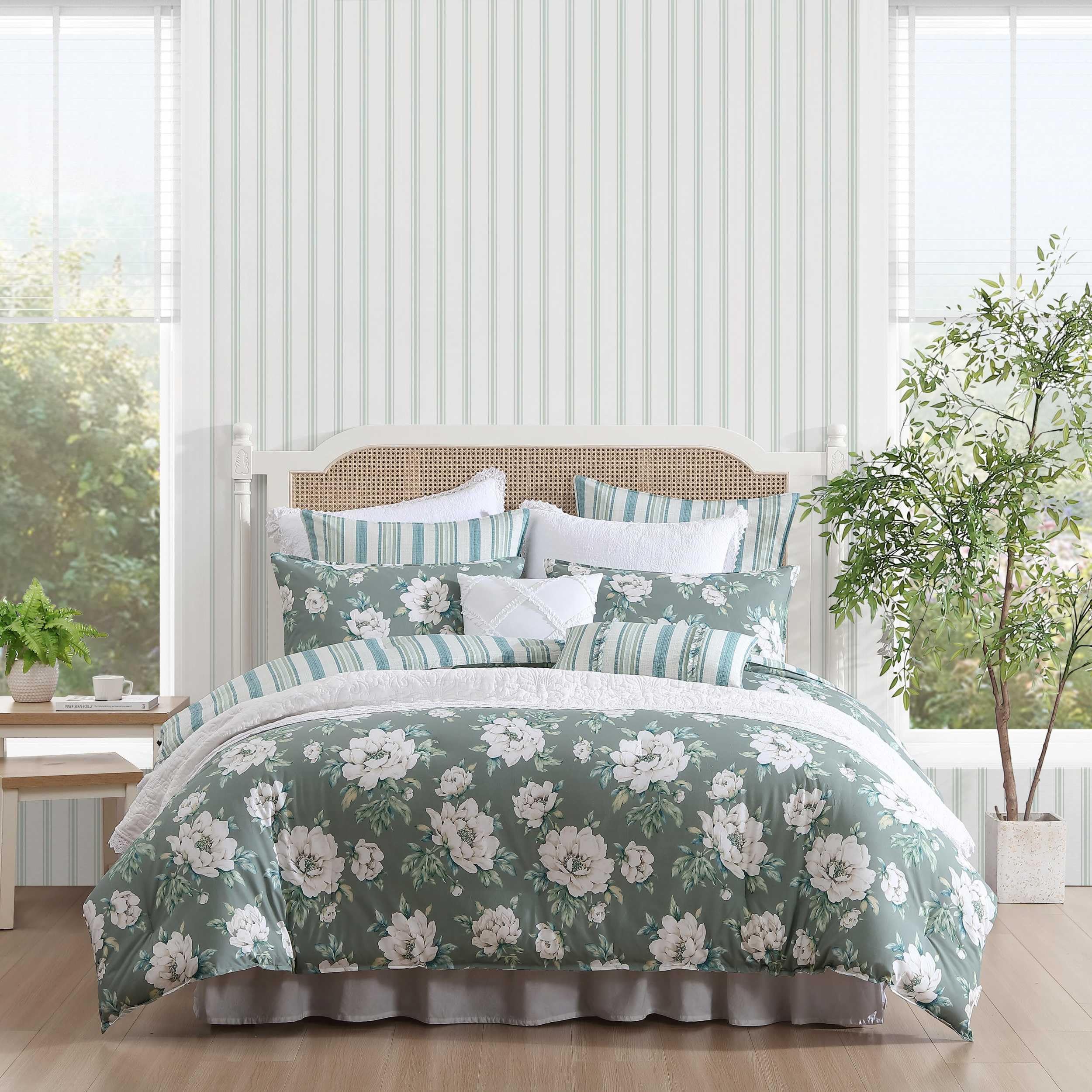 Laura Ashley- King Comforter Set, Cotton Reversible Bedding Set, Includes Matching Shams with Bonus Euro Shams & Throw Pillow Covers (Branch Toile Blue, King)