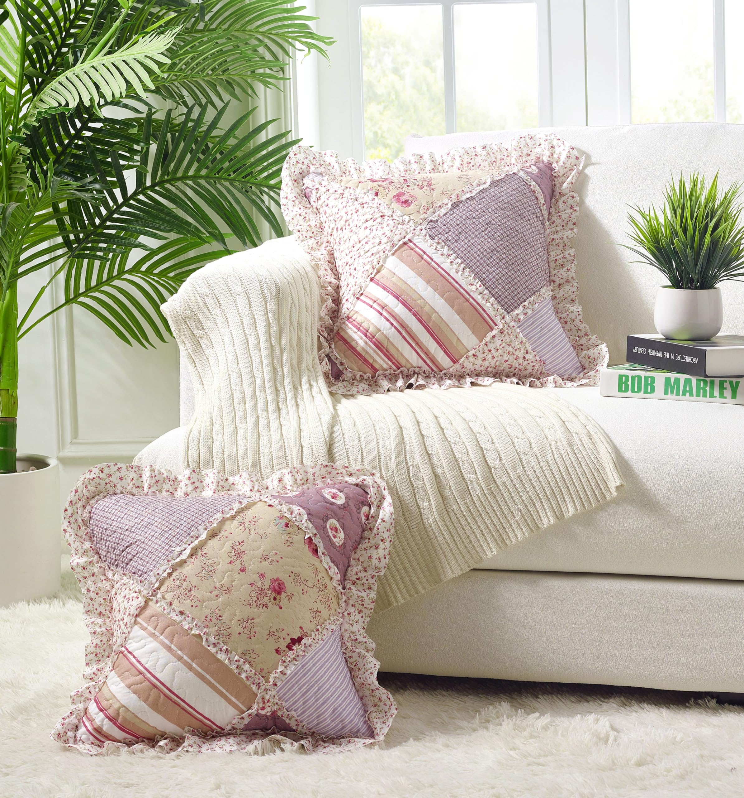Brilliant Sunshine Traditional Rose and Sage Patchwork Pillowshams Set, Quilted Standard Pillowcases, 20x26 with 2" Flange, Scalloped Edge Pillow Covers, Pack of 2, Pink