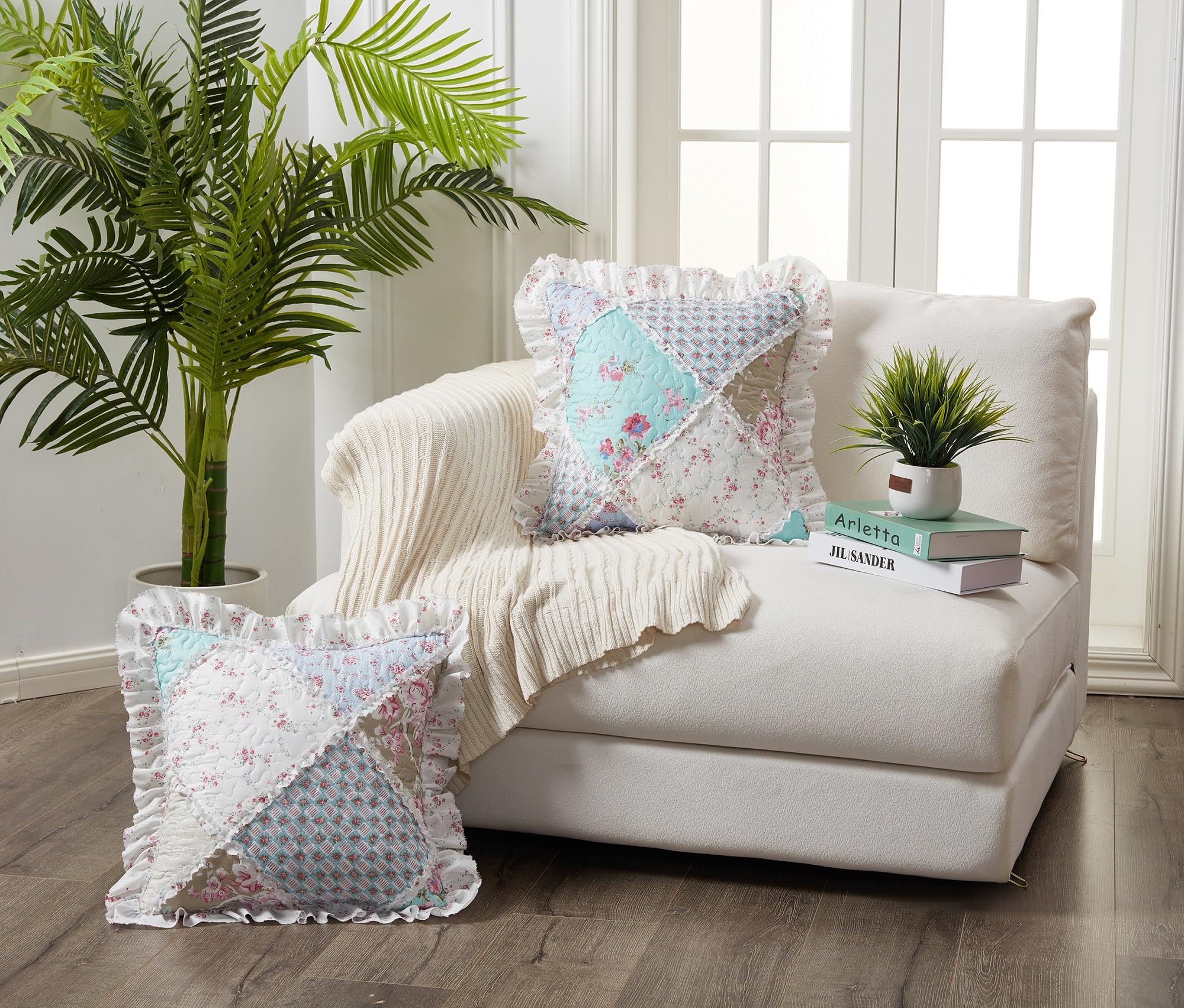 Brilliant Sunshine Traditional Rose and Sage Patchwork Pillowshams Set, Quilted Standard Pillowcases, 20x26 with 2" Flange, Scalloped Edge Pillow Covers, Pack of 2, Pink