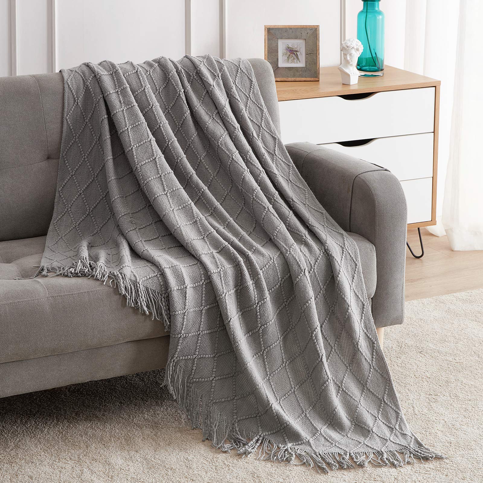 BOURINA Beige Throw Blanket 50x60 Inches Throw Textured Solid Soft Sofa Couch Decorative Knit Blanket