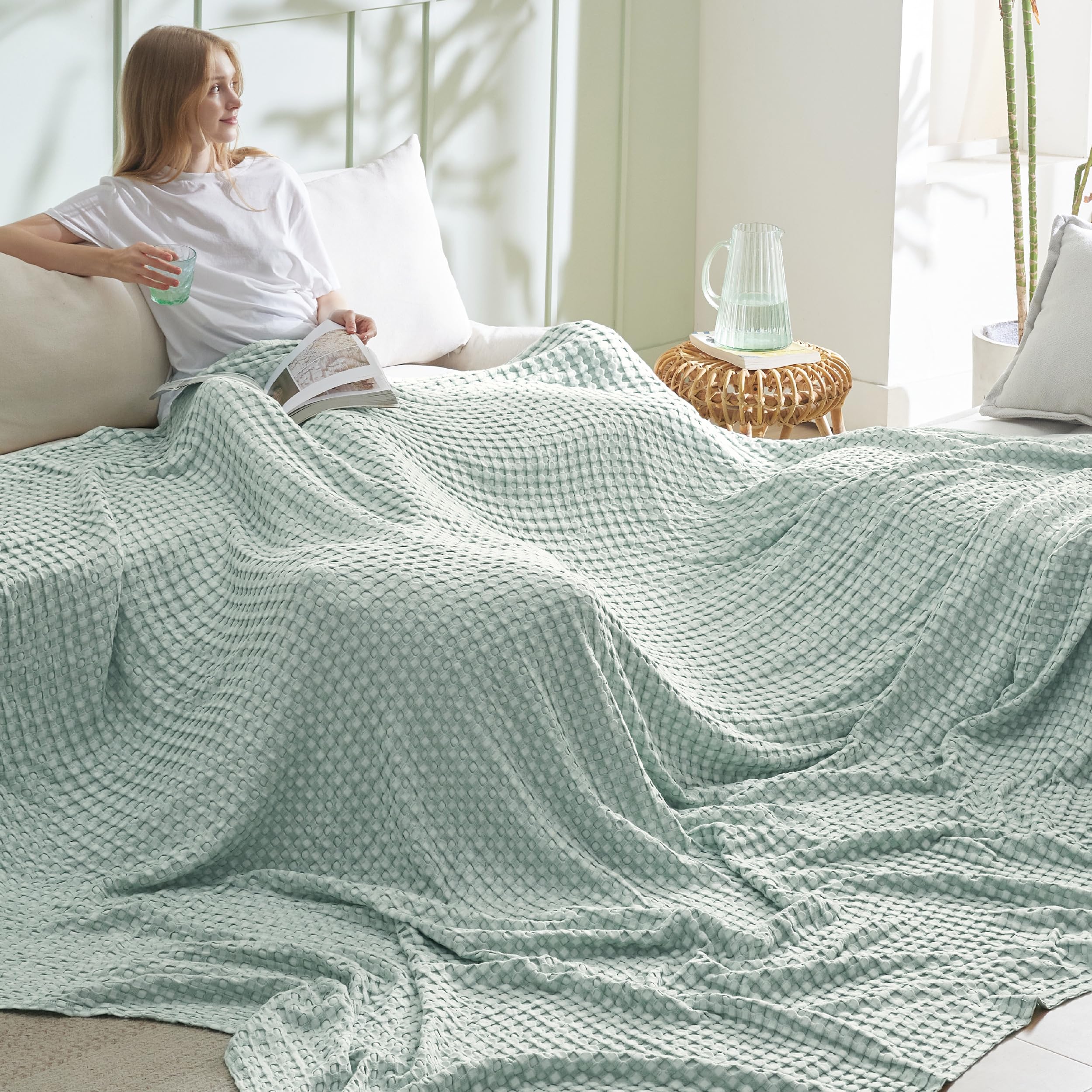 Bedsure Cooling Waffle Queen Size Blanket - Lightweight Cotton Summer Blanket of Rayon Derived from Bamboo for Hot Sleepers, Luxury Throws for Bed, Couch and Sofa, Ivory, 90x90 Inches