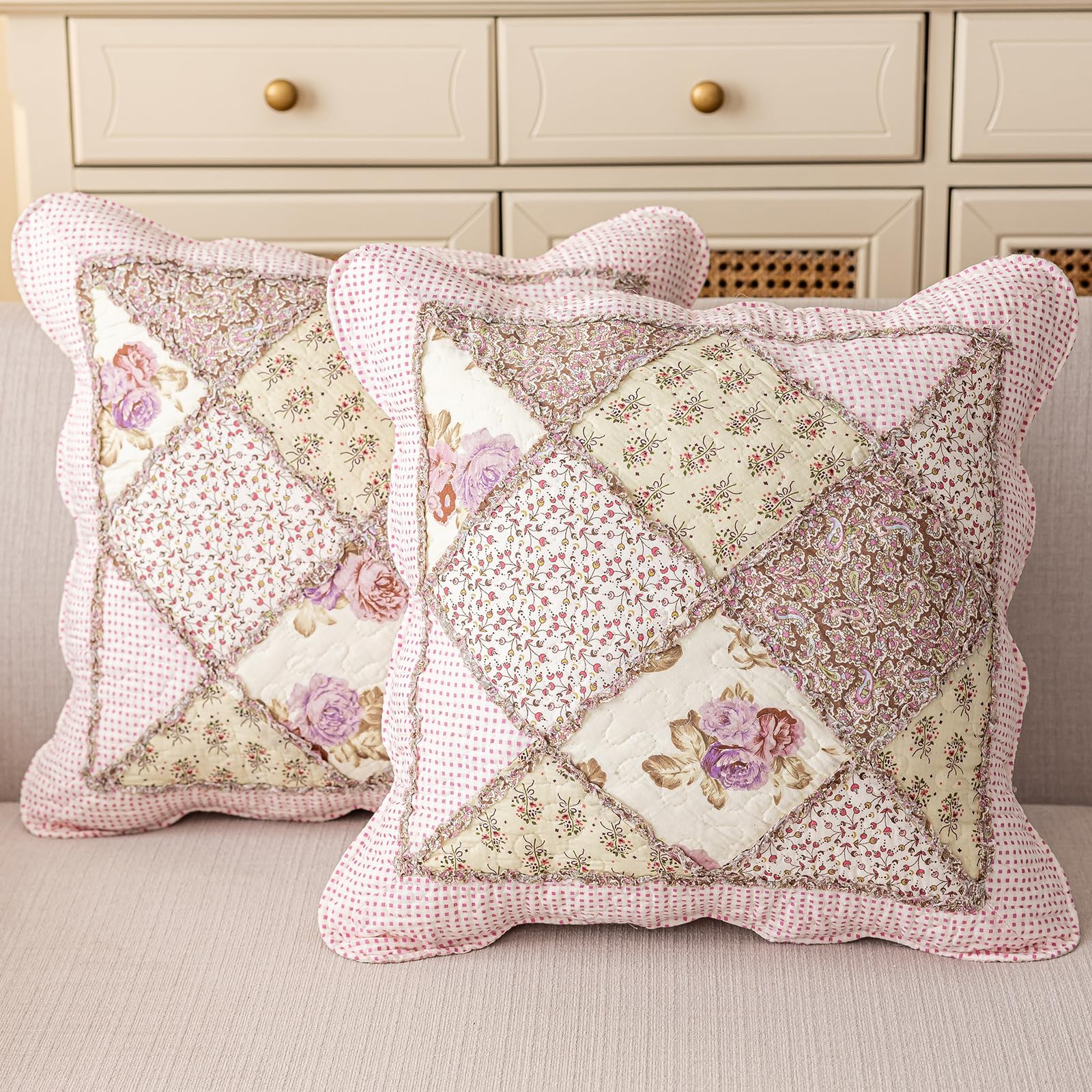 vctops Set of 2 Quilted 100% Cotton Boho Throw Pillow Covers 18" x 18" Farmhouse Country Floral Patchwork Decorative Cushion Cover, Patchwork Flower M