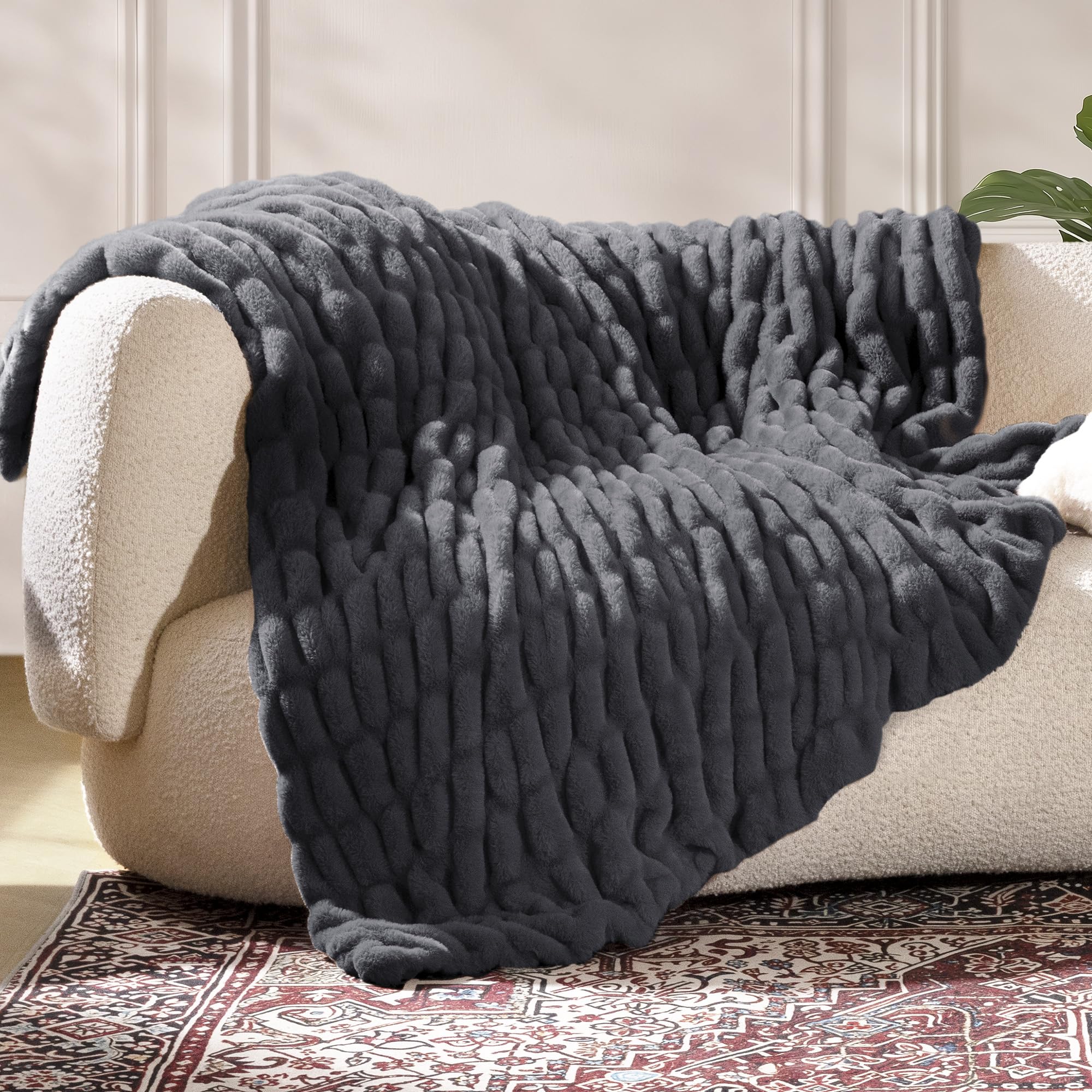 Ultra Soft Cozy Faux Fur Throw Blanket, Fuzzy Plush Thick Bubble Blanket, Luxury Fluffy Blanket for Couch, Sofa, Bedroom, and Living Room, 50x60 Inches, Cream White