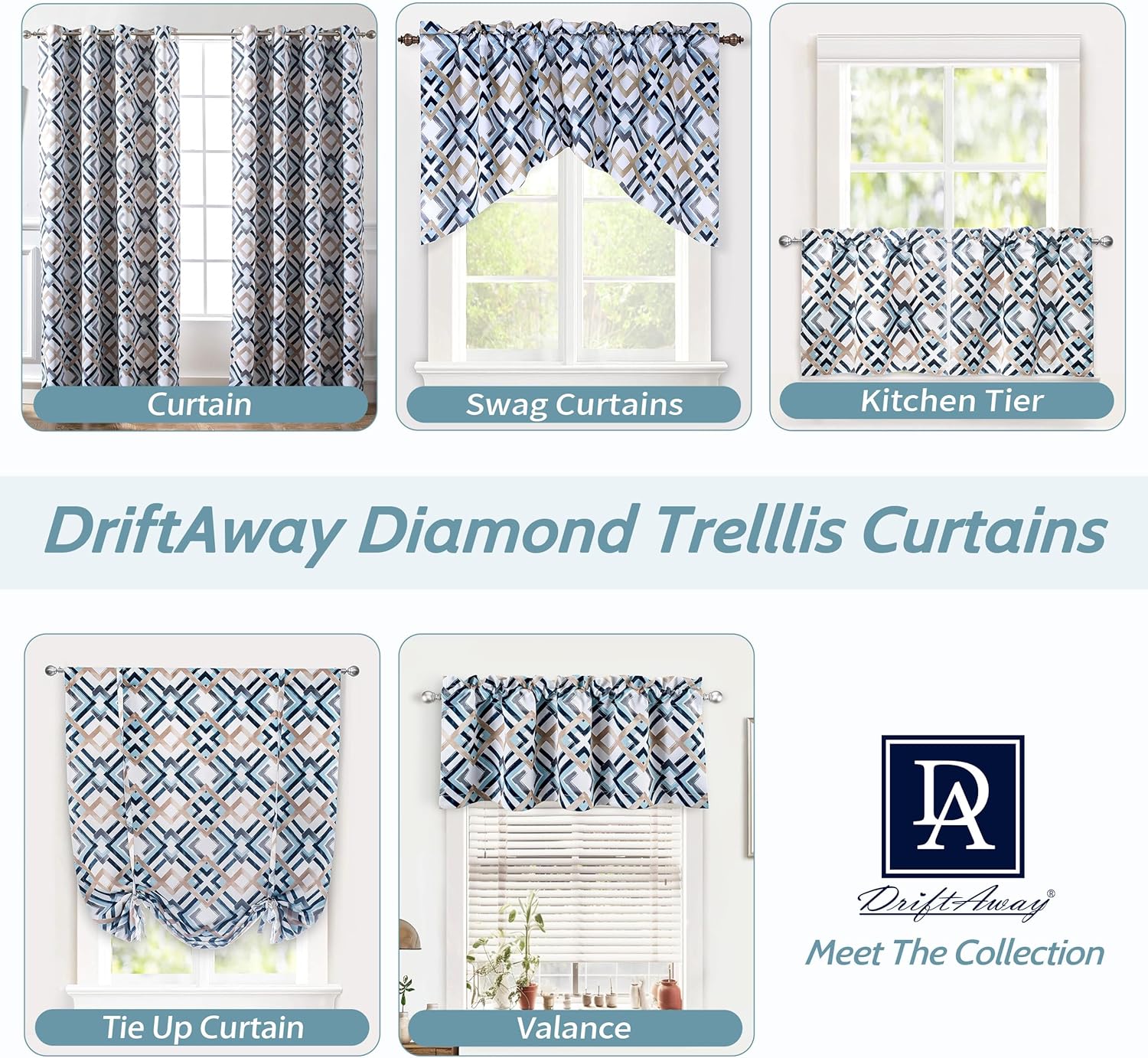 DriftAway Diamond Trellis Watercolor Geometric Checker Plaid Pattern Blackout Thermal Insulated Energy Saving Window Curtain Valance Rod Pocket Single 52 Inch by 18 Inch Plus 2 Inch Header Navy