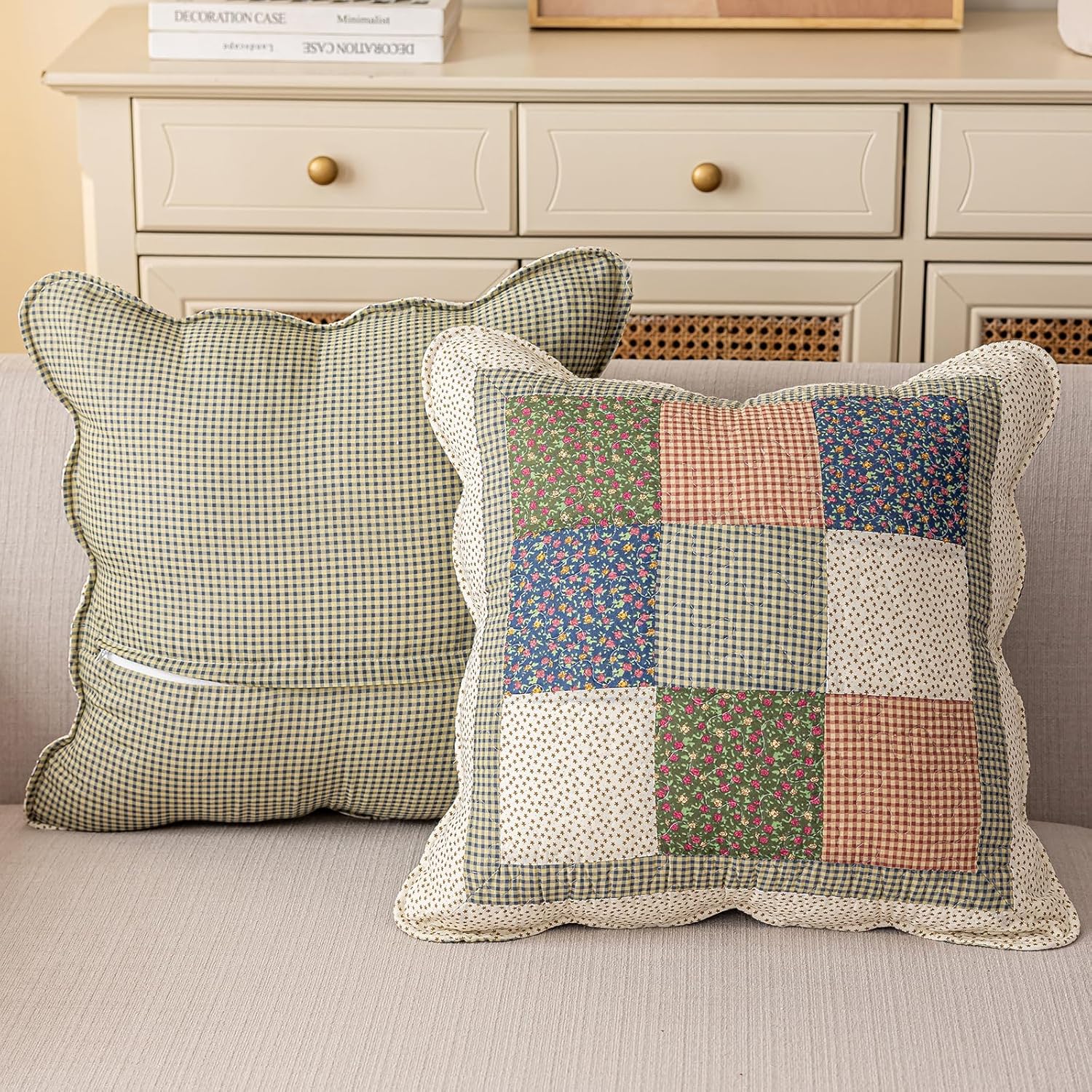 vctops Set of 2 Quilted 100% Cotton Boho Throw Pillow Covers 18" x 18" Farmhouse Country Floral Patchwork Decorative Cushion Cover, Patchwork Flower M