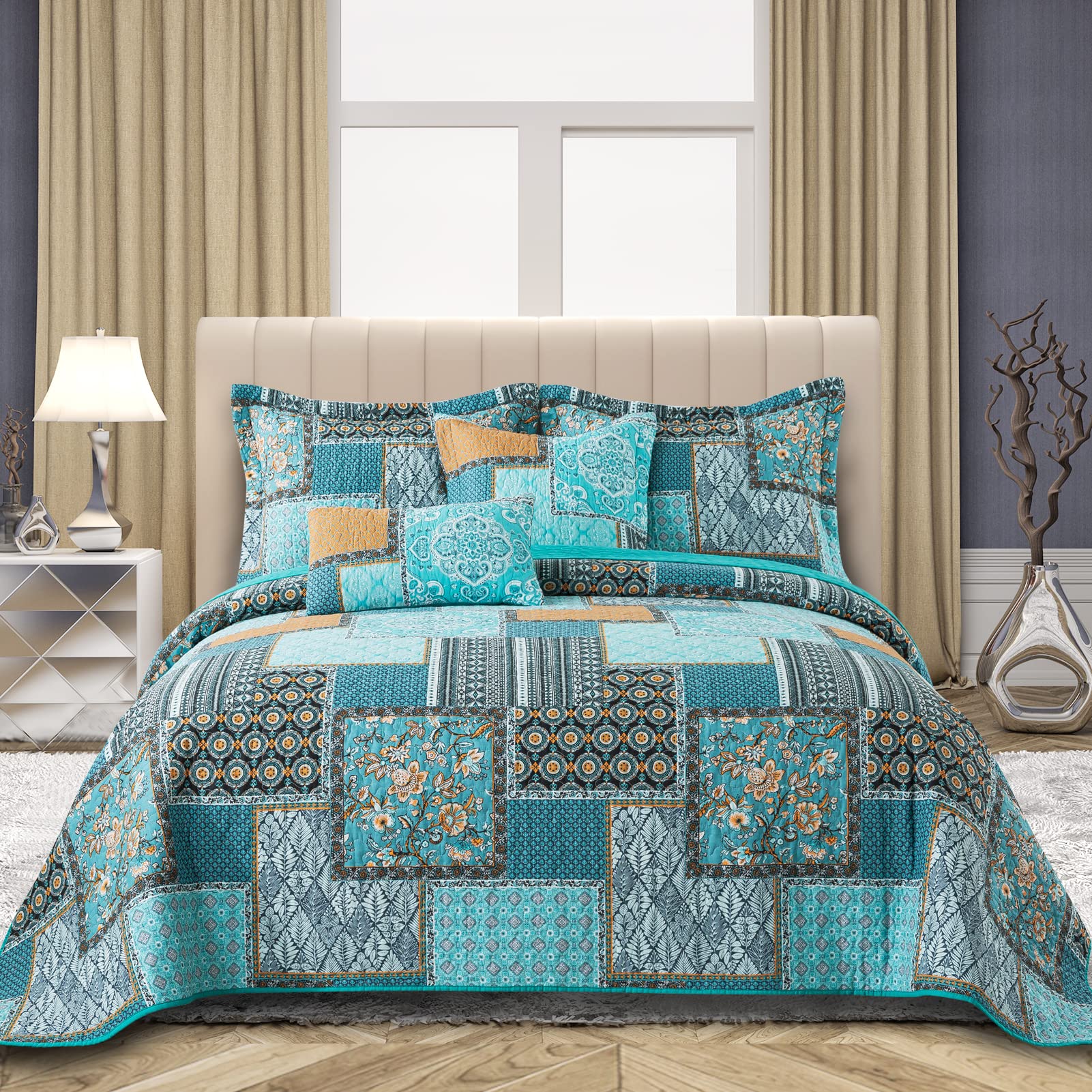 VAPUTAR Quilt King Bedding Set - Soft Cotton Quilts with Paisley Floral Pattern - Lightweight Reversible Bedspreads for Farmhouse (3 Pieces, Bright Teal)