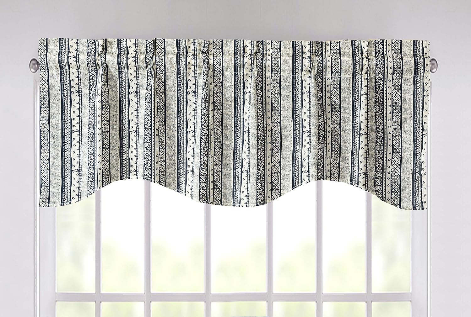 DaDa Bedding Denim Blue Elegance Window Curtain - Semi Sheer Valance Floral Botanical Striped Scalloped Tailored Edge Kitchen Decor - 18" x 52"