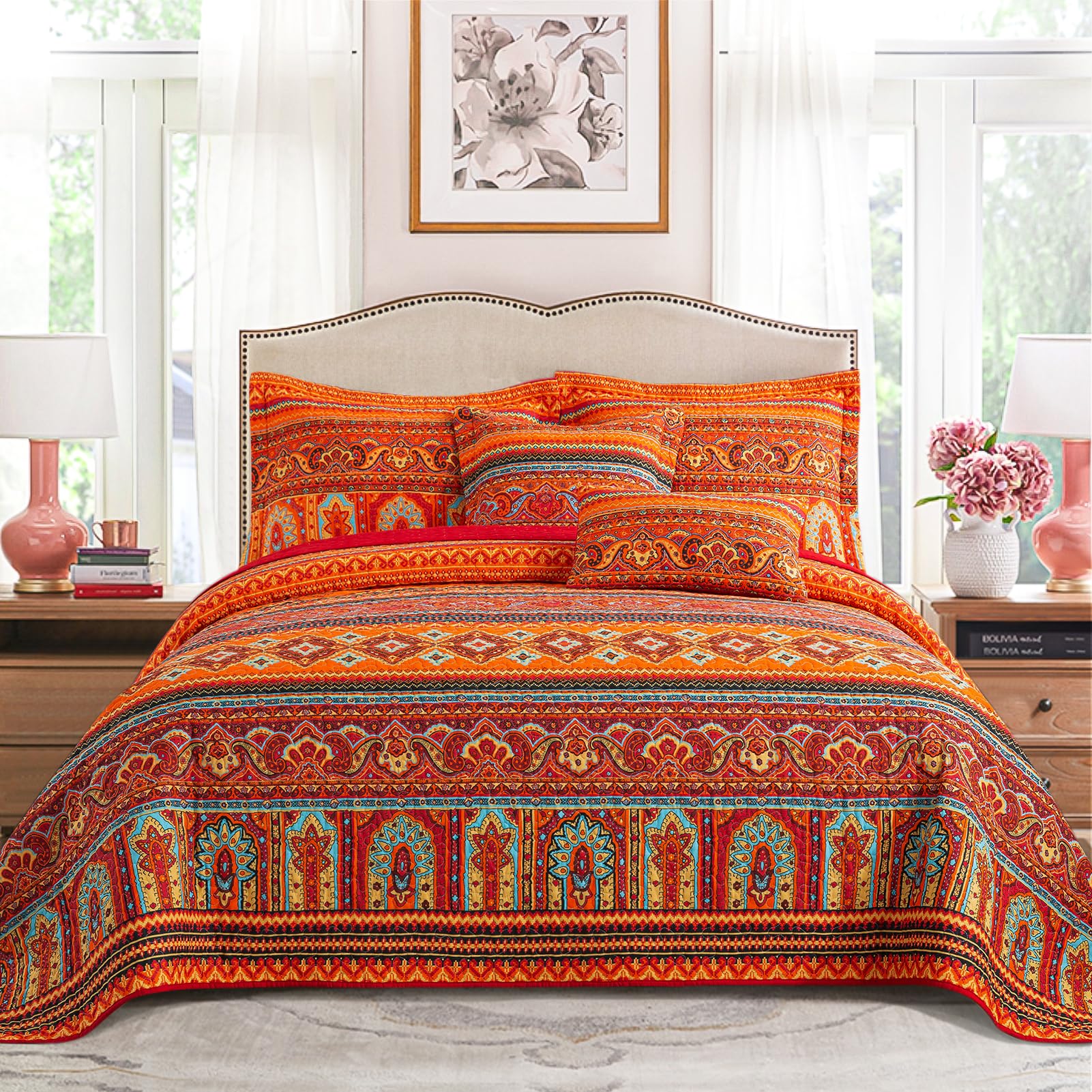 VAPUTAR Quilt King Bedding Set - Soft Cotton Quilts with Paisley Floral Pattern - Lightweight Reversible Bedspreads for Farmhouse (3 Pieces, Bright Teal)