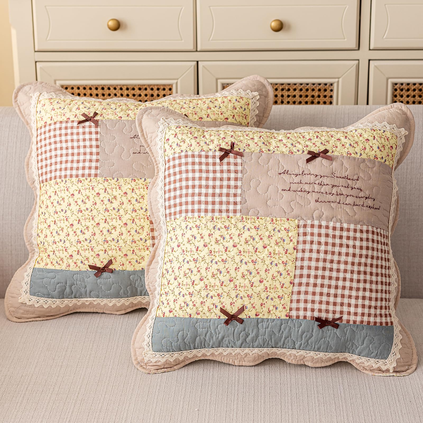 vctops Set of 2 Quilted 100% Cotton Boho Throw Pillow Covers 18" x 18" Farmhouse Country Floral Patchwork Decorative Cushion Cover, Patchwork Flower M