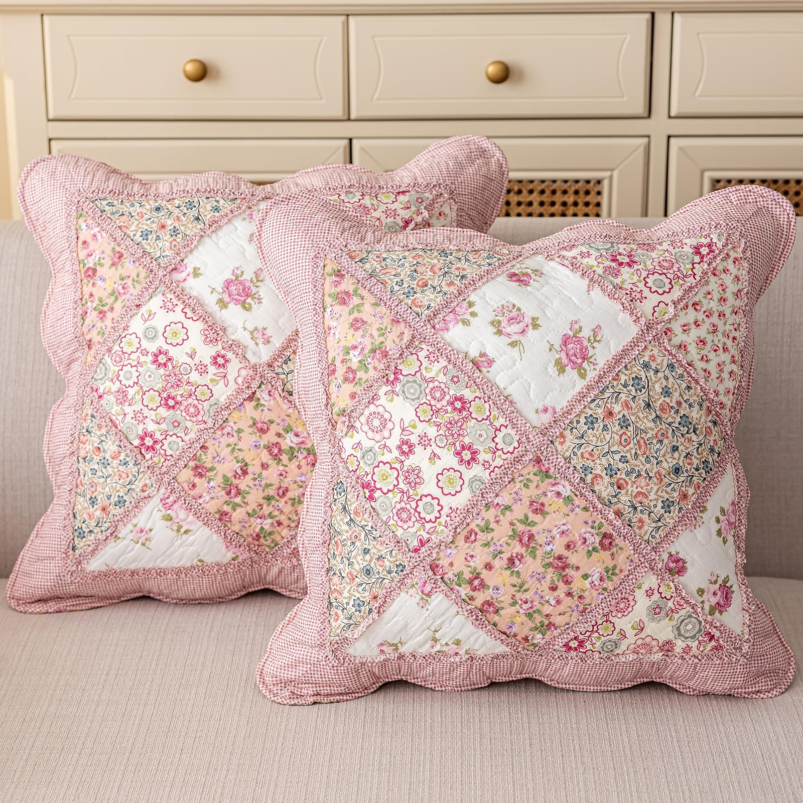 vctops Set of 2 Quilted 100% Cotton Boho Throw Pillow Covers 18" x 18" Farmhouse Country Floral Patchwork Decorative Cushion Cover, Patchwork Flower M