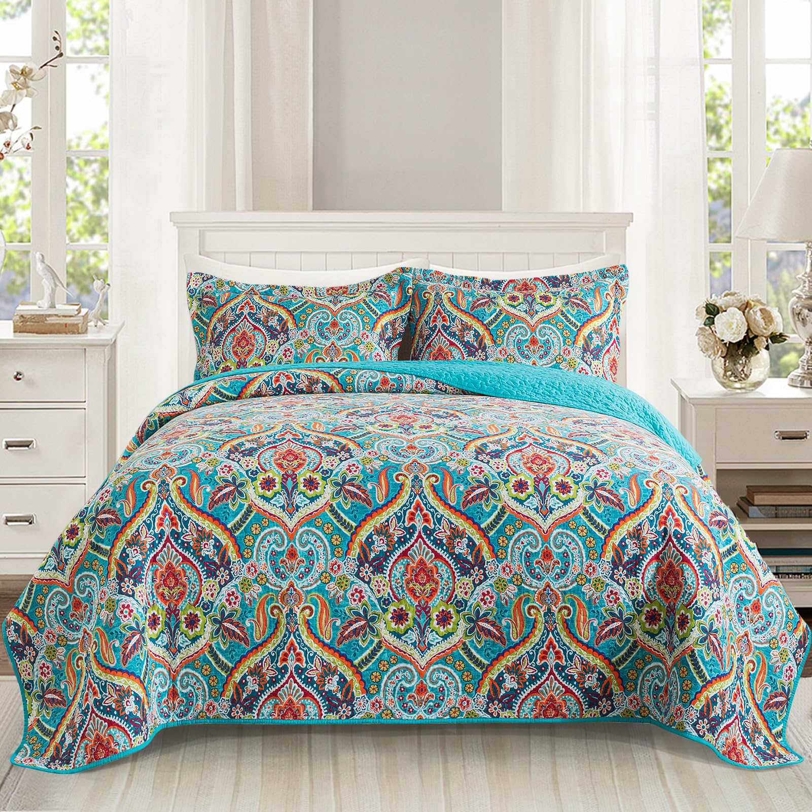 VAPUTAR Quilt King Bedding Set - Soft Cotton Quilts with Paisley Floral Pattern - Lightweight Reversible Bedspreads for Farmhouse (3 Pieces, Bright Teal)