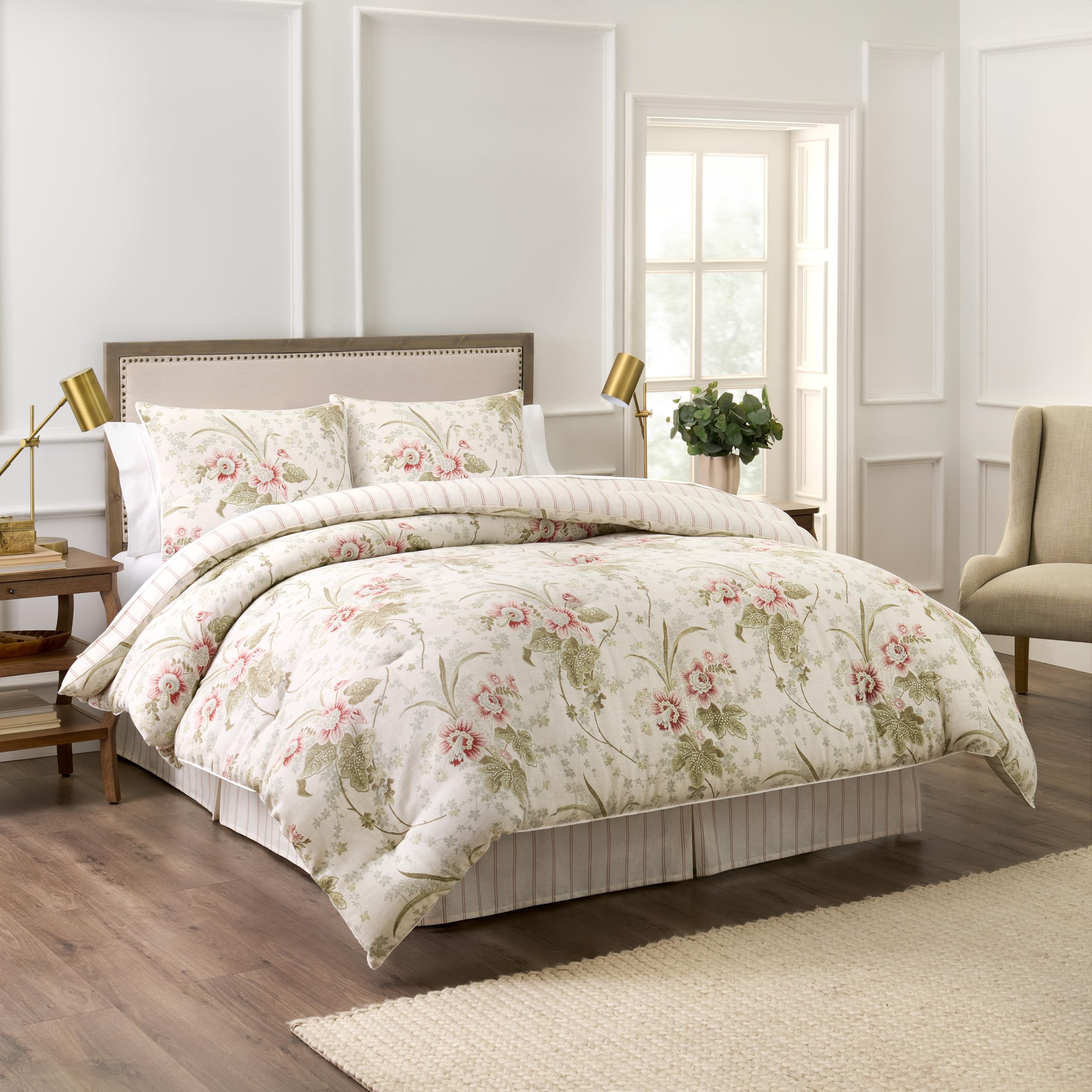 Waverly Charleston Chirp 4 Piece Quilt Set - 100% Cotton Light Weight Bedding with Bed Skirt & 2 Pillow Shams - Full/Queen Papaya