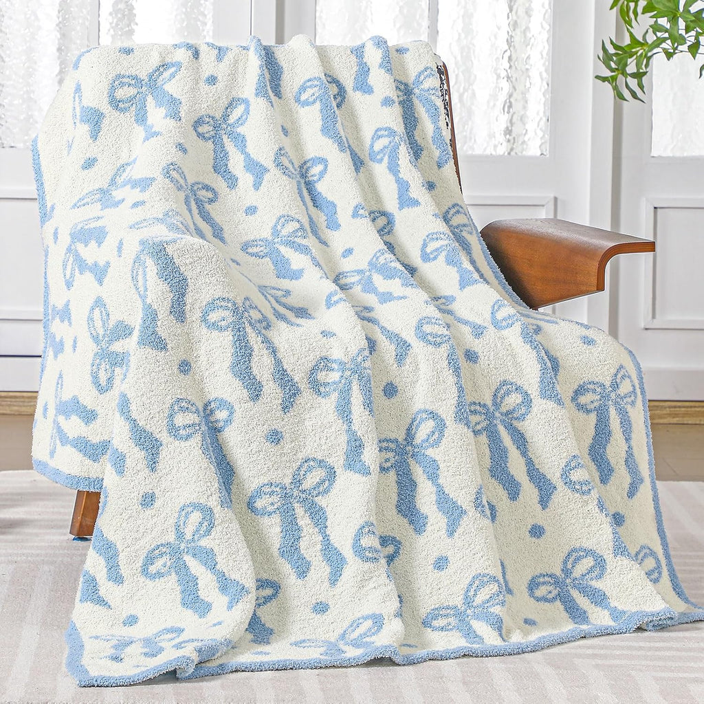 Buryeah Blue Bow Blanket Soft Microfiber Double Sided Bow Throw Blanket 50"x 60" Coquette Aesthetic Plush Bedding Stuff Sofa Chair Dormitory Room Decor for Women, Wedding Bridesmaid Gifts, Mother