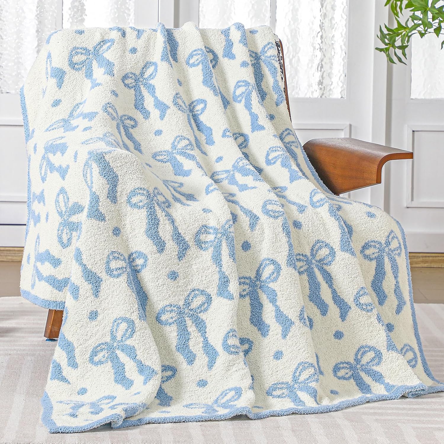 Buryeah Blue Bow Blanket Soft Microfiber Double Sided Bow Throw Blanket 50"x 60" Coquette Aesthetic Plush Bedding Stuff Sofa Chair Dormitory Room Decor for Women, Wedding Bridesmaid Gifts, Mother