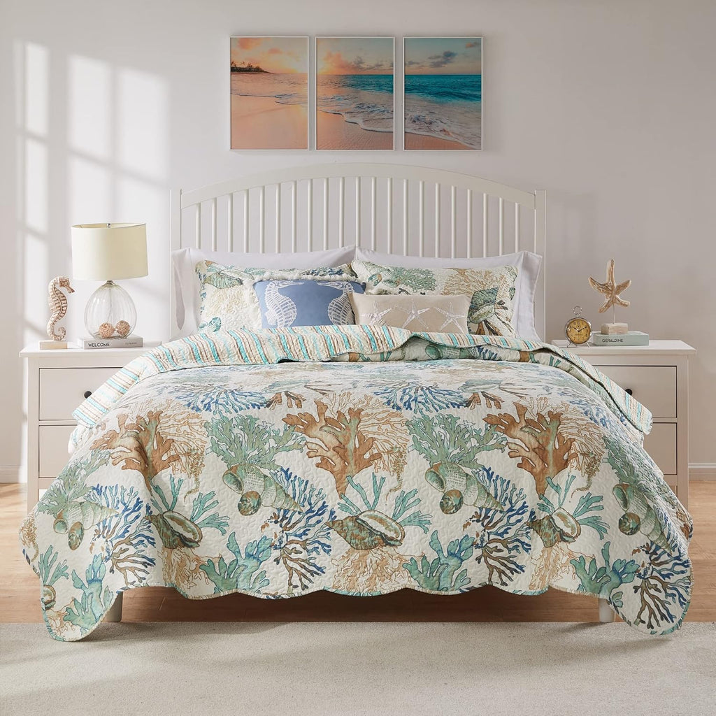 Greenland Home Atlantis Coastal Sea Coral Oversized Reversible Quilt Set, 3-Piece Full/Queen, Jade