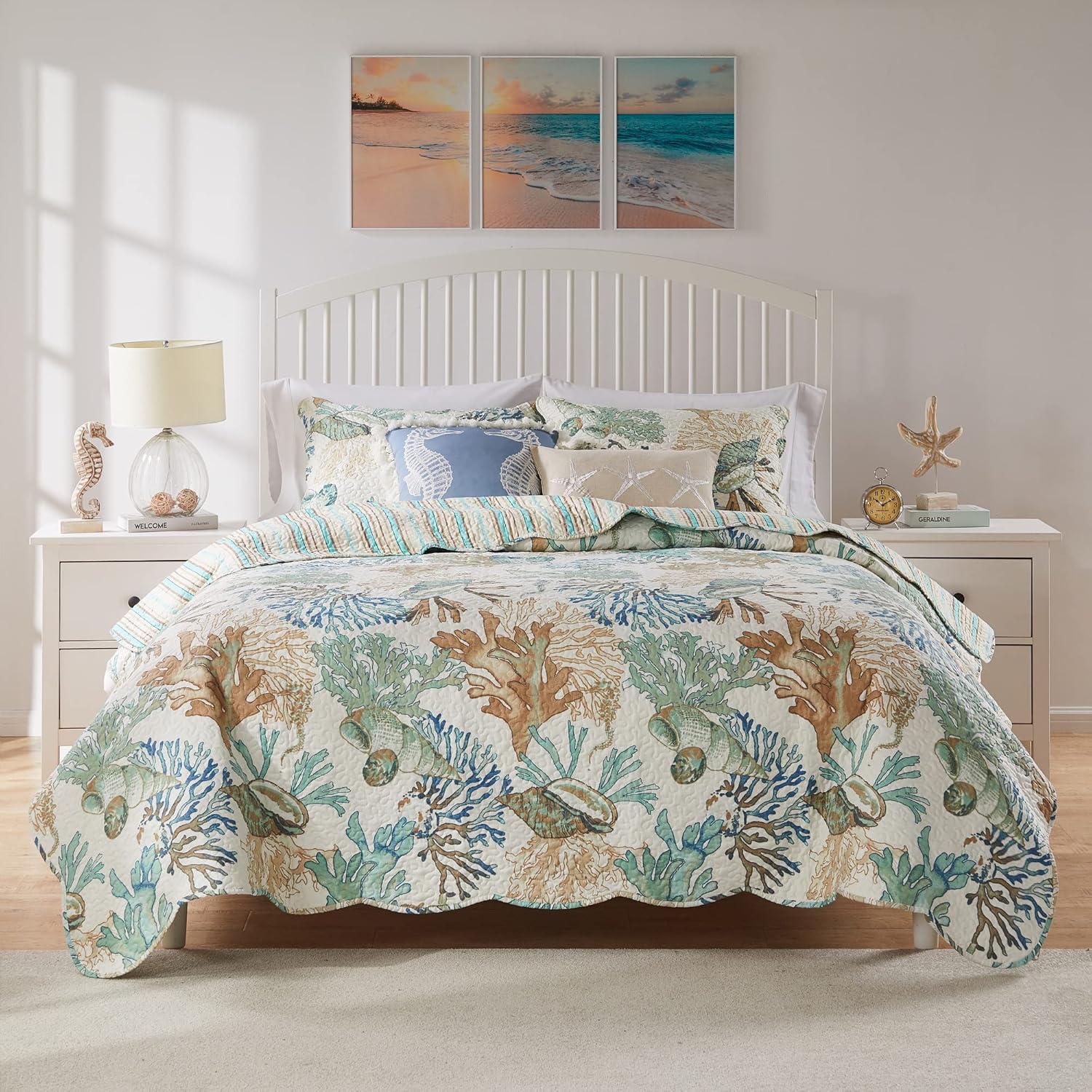 Greenland Home Atlantis Coastal Sea Coral Oversized Reversible Quilt Set, 3-Piece Full/Queen, Jade