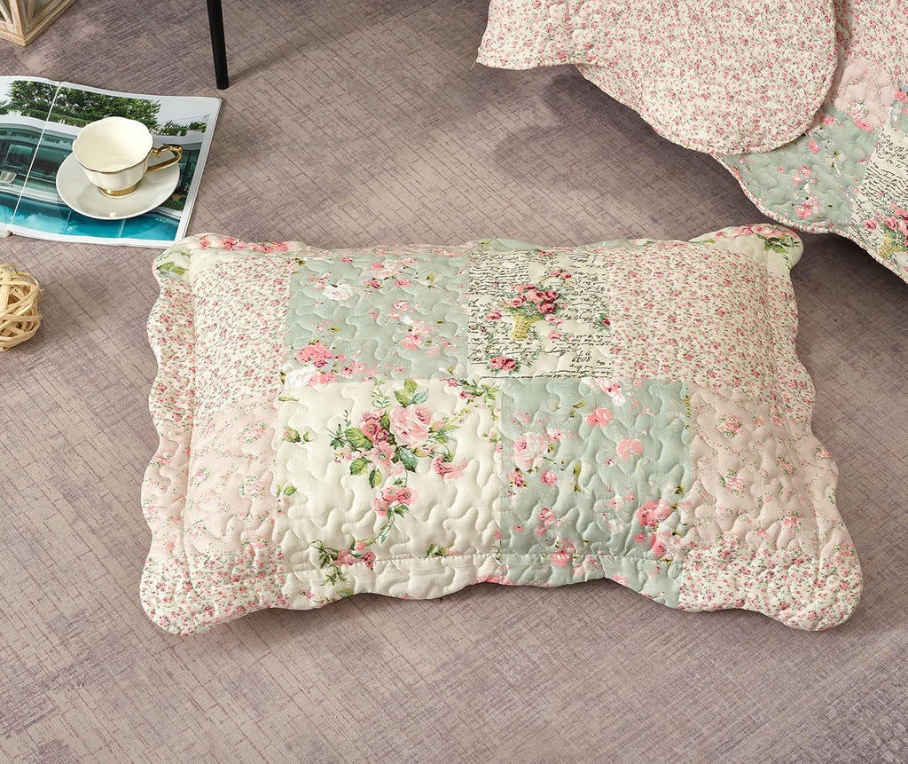 Brilliant Sunshine Traditional Rose and Sage Patchwork Pillowshams Set, Quilted Standard Pillowcases, 20x26 with 2" Flange, Scalloped Edge Pillow Covers, Pack of 2, Pink