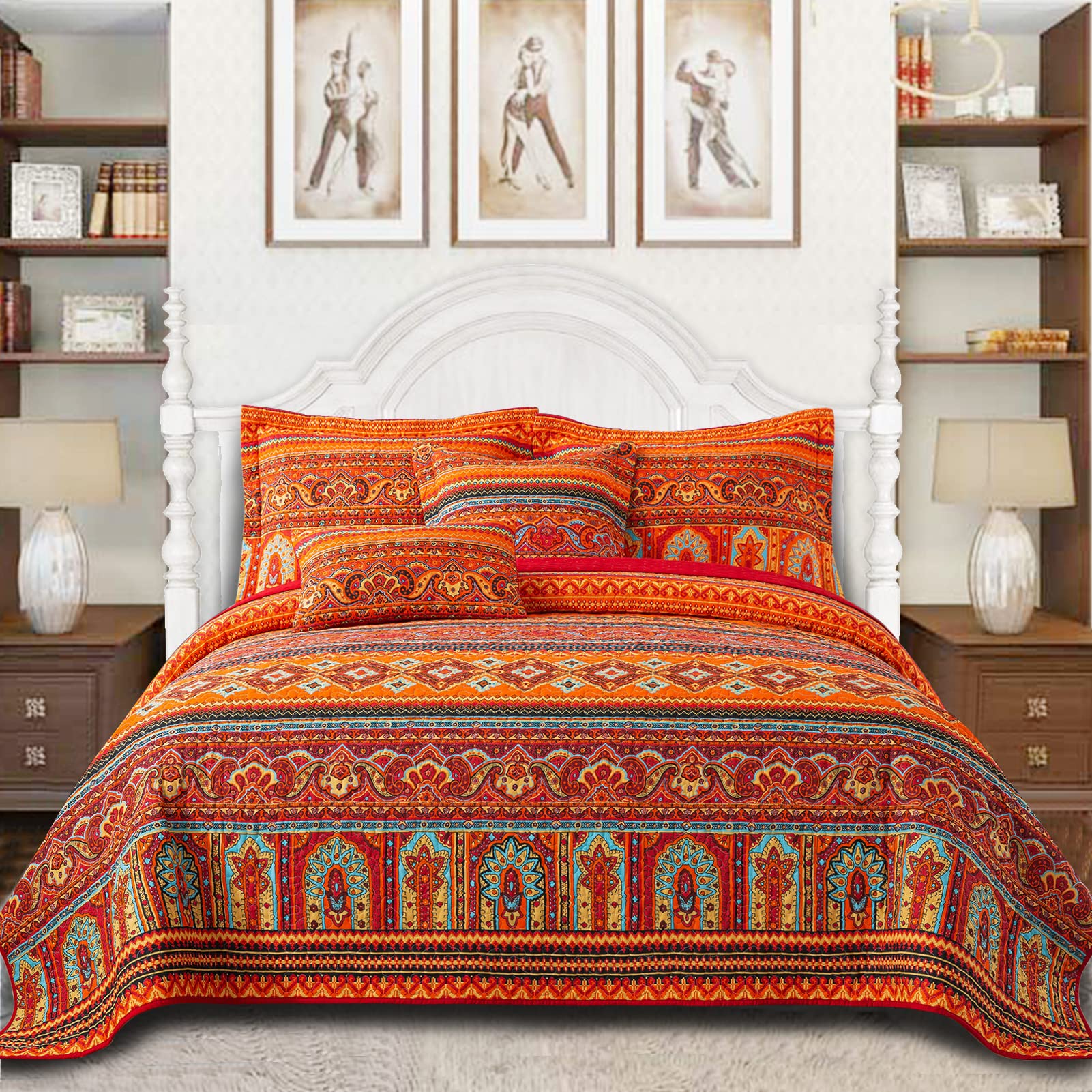 VAPUTAR Quilt King Bedding Set - Soft Cotton Quilts with Paisley Floral Pattern - Lightweight Reversible Bedspreads for Farmhouse (3 Pieces, Bright Teal)