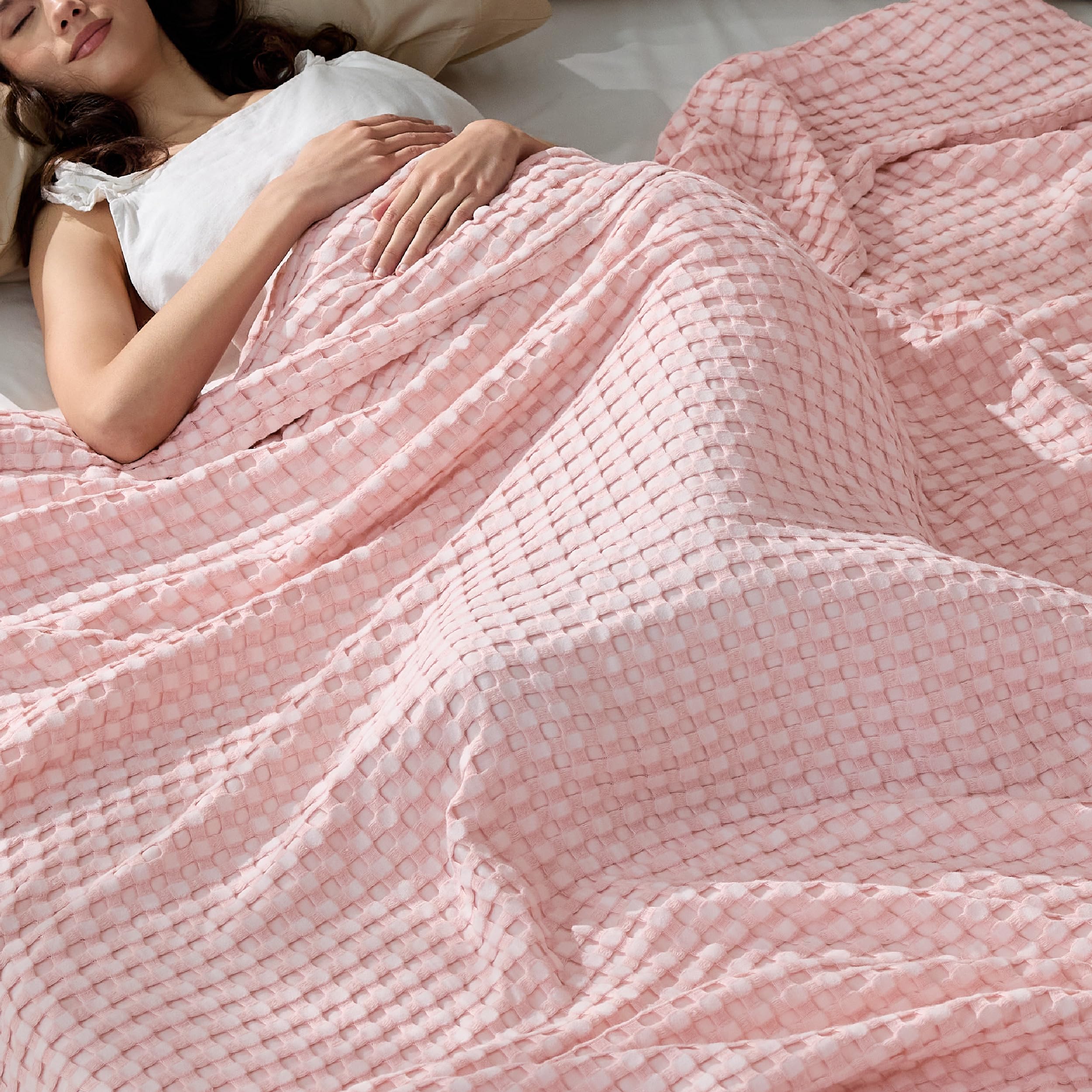 Bedsure Cooling Waffle Queen Size Blanket - Lightweight Cotton Summer Blanket of Rayon Derived from Bamboo for Hot Sleepers, Luxury Throws for Bed, Couch and Sofa, Ivory, 90x90 Inches