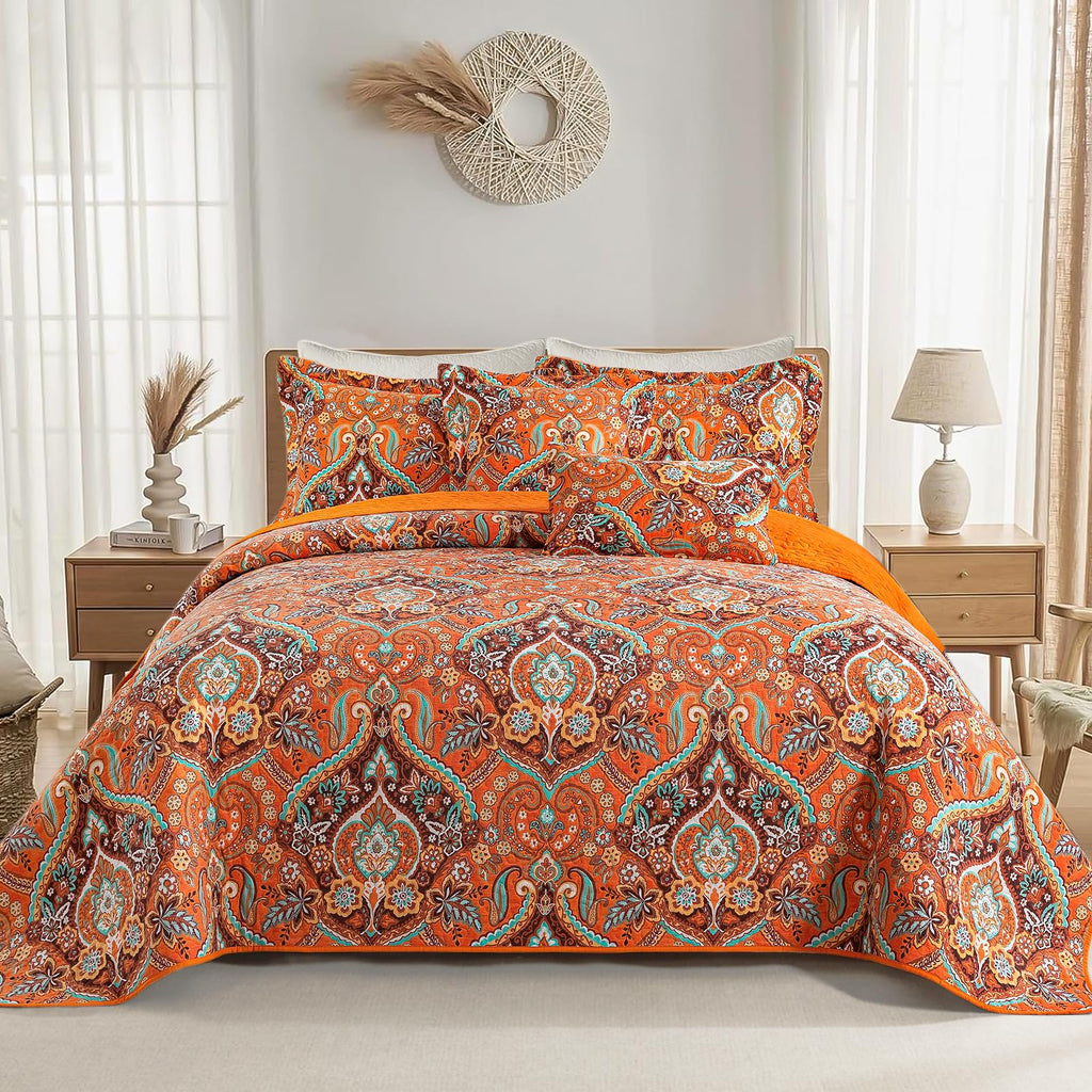 VAPUTAR Quilt King Bedding Set - Soft Cotton Quilts with Paisley Floral Pattern - Lightweight Reversible Bedspreads for Farmhouse (3 Pieces, Bright Teal)
