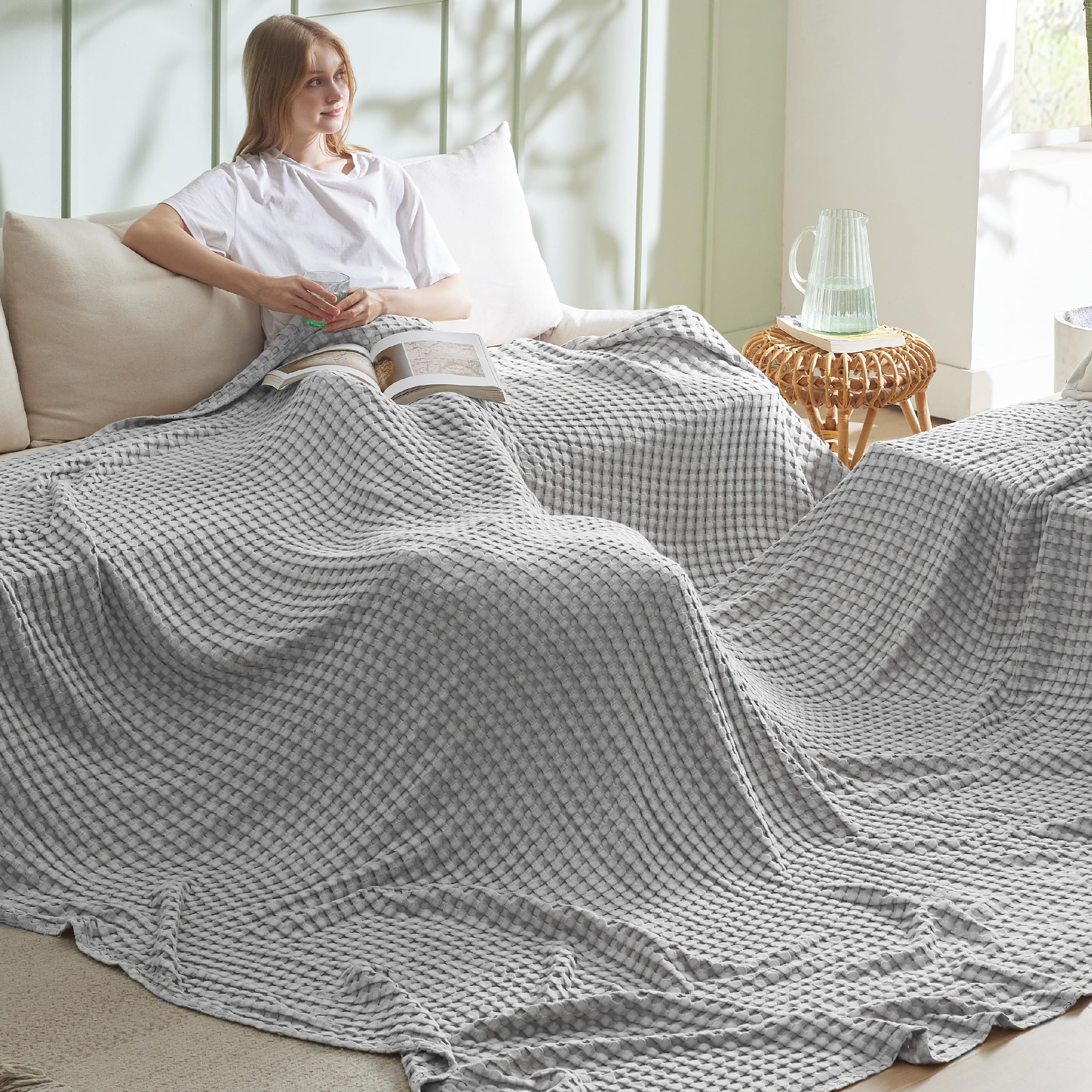 Bedsure Cooling Waffle Queen Size Blanket - Lightweight Cotton Summer Blanket of Rayon Derived from Bamboo for Hot Sleepers, Luxury Throws for Bed, Couch and Sofa, Ivory, 90x90 Inches