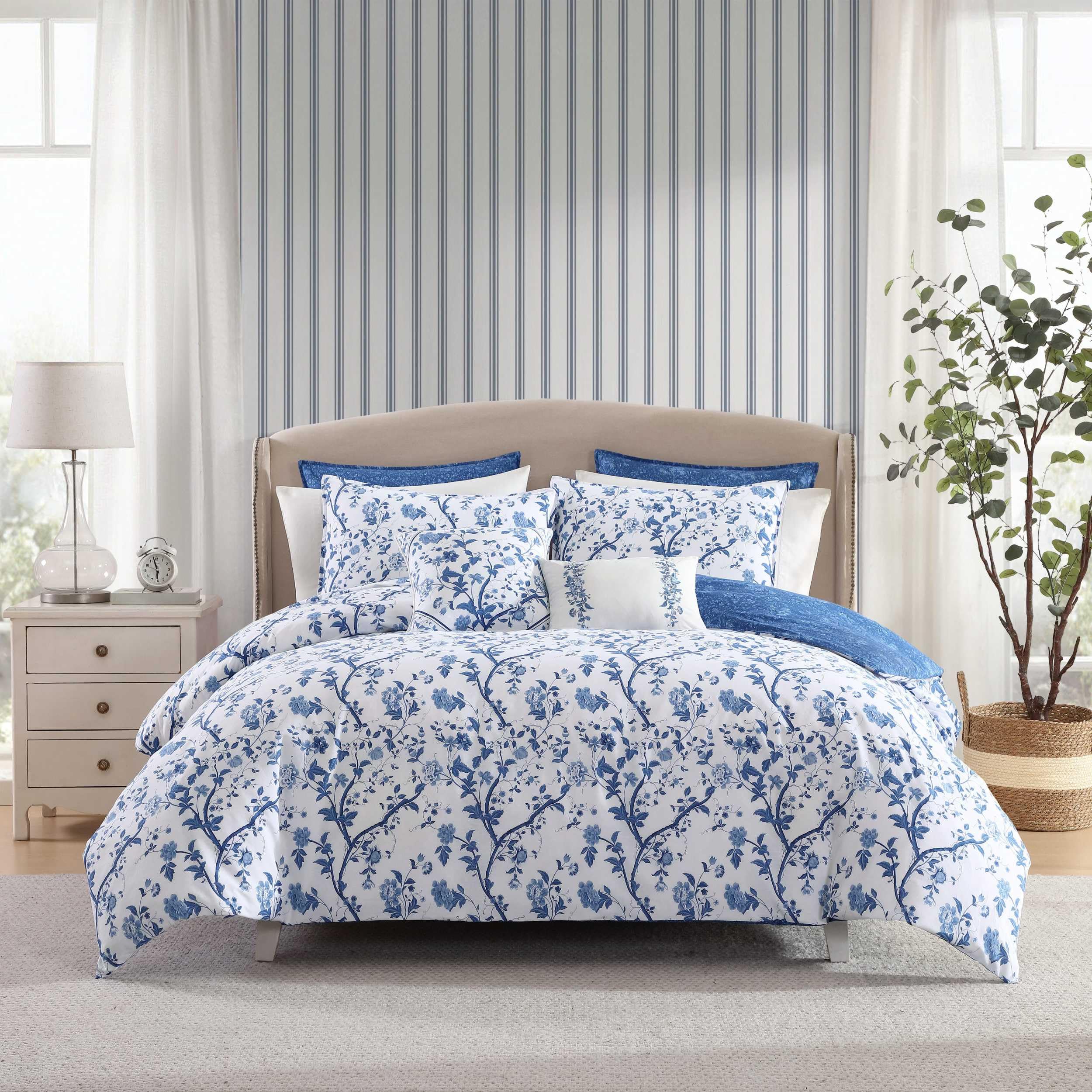Laura Ashley- King Comforter Set, Cotton Reversible Bedding Set, Includes Matching Shams with Bonus Euro Shams & Throw Pillow Covers (Branch Toile Blue, King)
