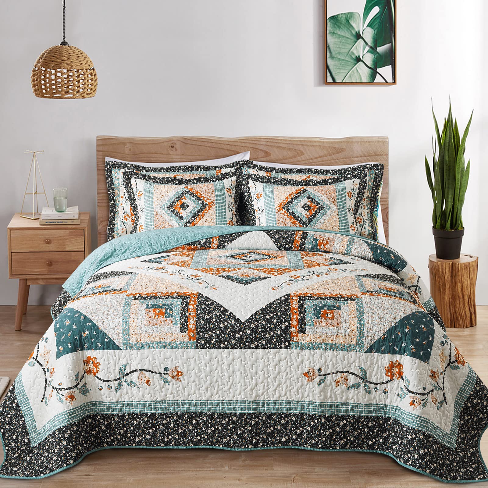 VAPUTAR Quilt King Bedding Set - Soft Cotton Quilts with Paisley Floral Pattern - Lightweight Reversible Bedspreads for Farmhouse (3 Pieces, Bright Teal)