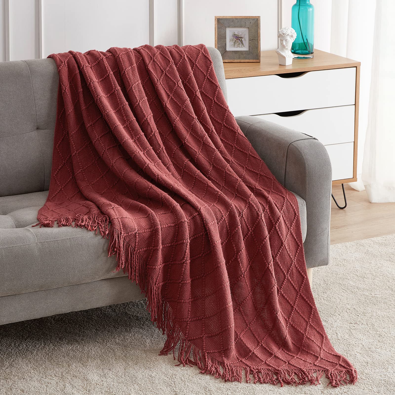 BOURINA Beige Throw Blanket 50x60 Inches Throw Textured Solid Soft Sofa Couch Decorative Knit Blanket