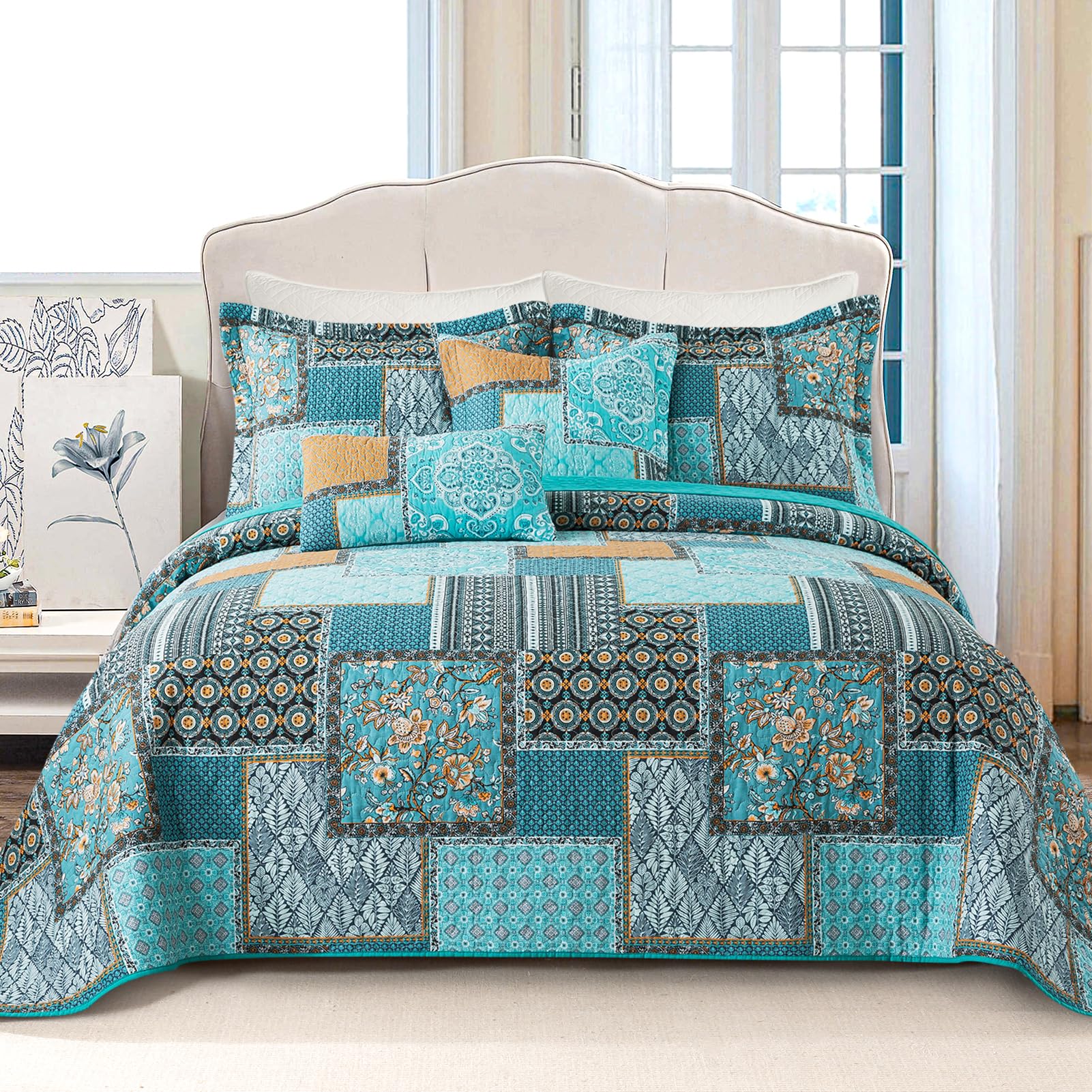 VAPUTAR Quilt King Bedding Set - Soft Cotton Quilts with Paisley Floral Pattern - Lightweight Reversible Bedspreads for Farmhouse (3 Pieces, Bright Teal)