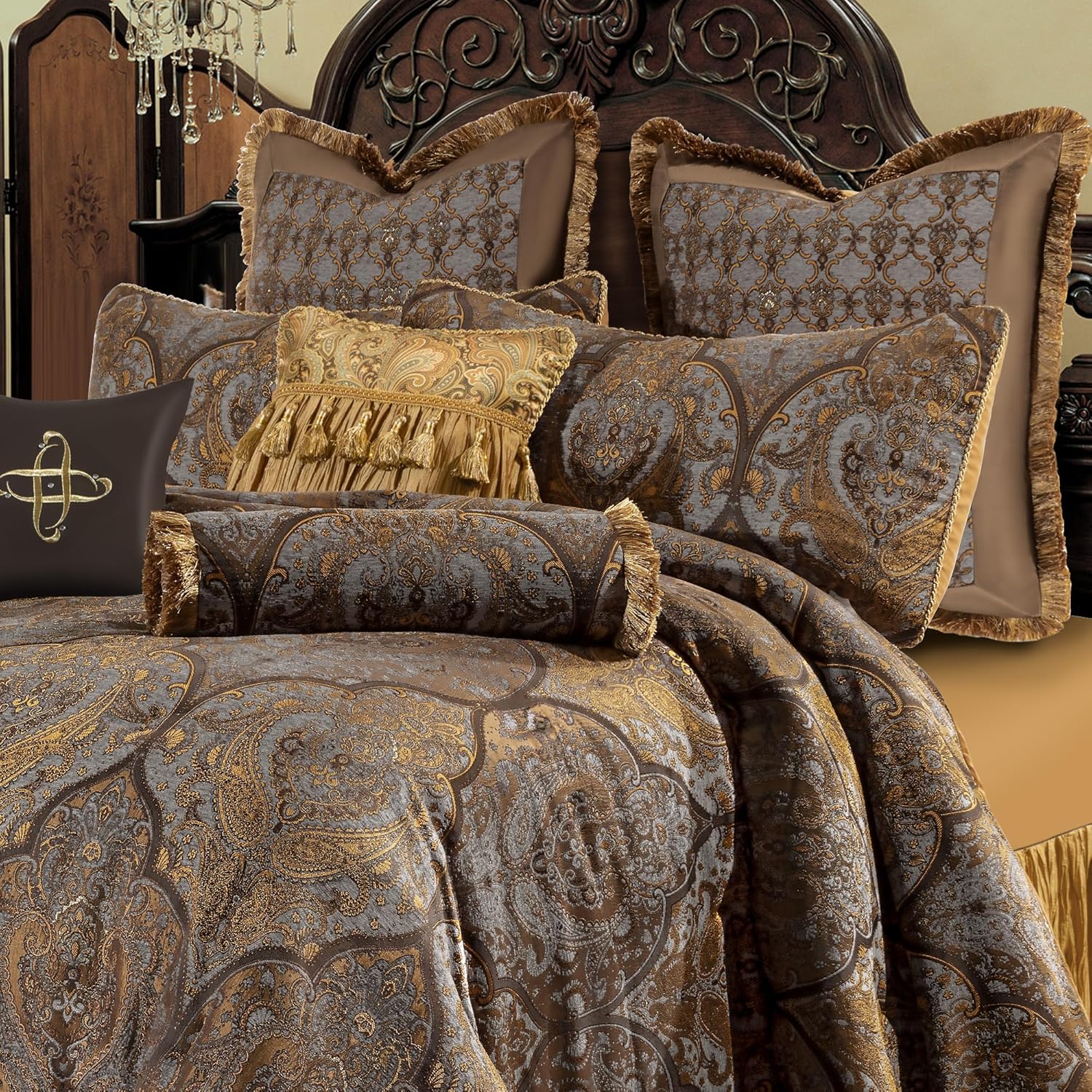 Loom and Mill Jacquard Comforter Set-9 Piece, Luxury Classic Antique Comforter Set King, Ultra Soft Damask Bedding with Euro Shams, Bedskirt, Filled Decorative Pillows(Cambridge, King),Bronze Gold