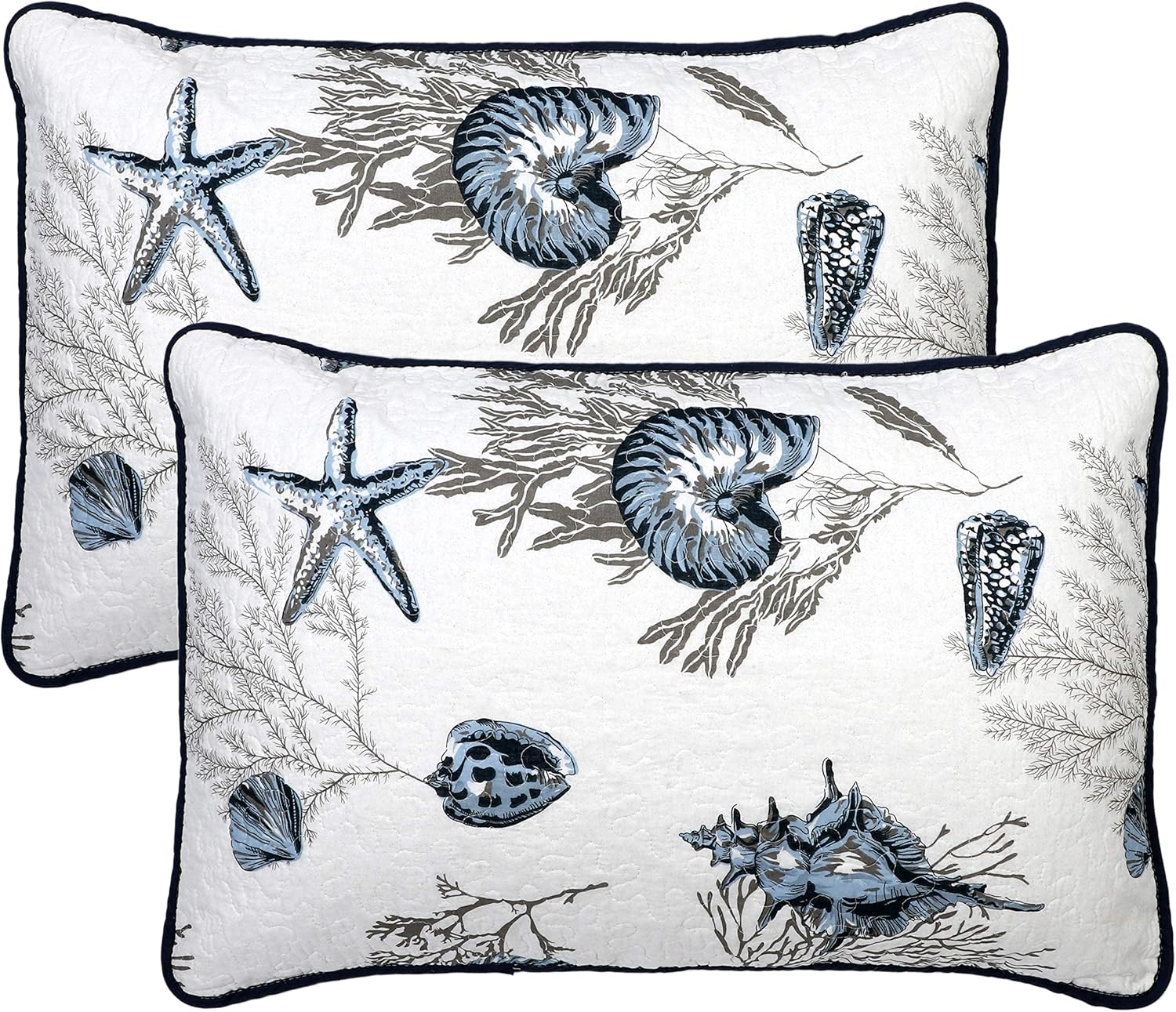 Cotton Quilted Pillow Cases Standard Size Set of 2, Queen Size Beach Themed Soft Comfy Pillow Shams, Pillow Covers with Tie Closure 20 x 27 inch (Cowry Starfish)