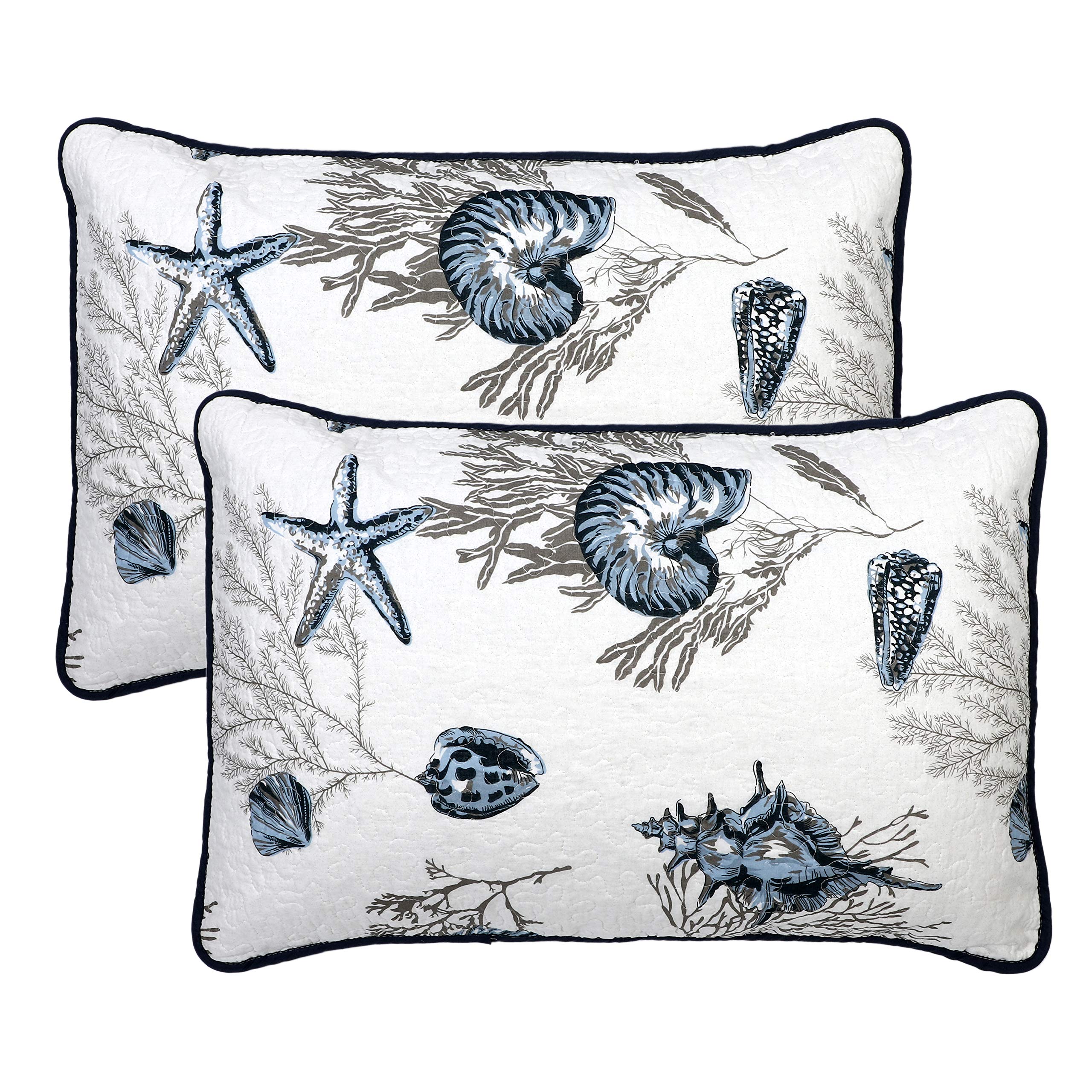 Cotton Quilted Pillow Cases Standard Size Set of 2, Queen Size Beach Themed Soft Comfy Pillow Shams, Pillow Covers with Tie Closure 20 x 27 inch (Cowry Starfish)