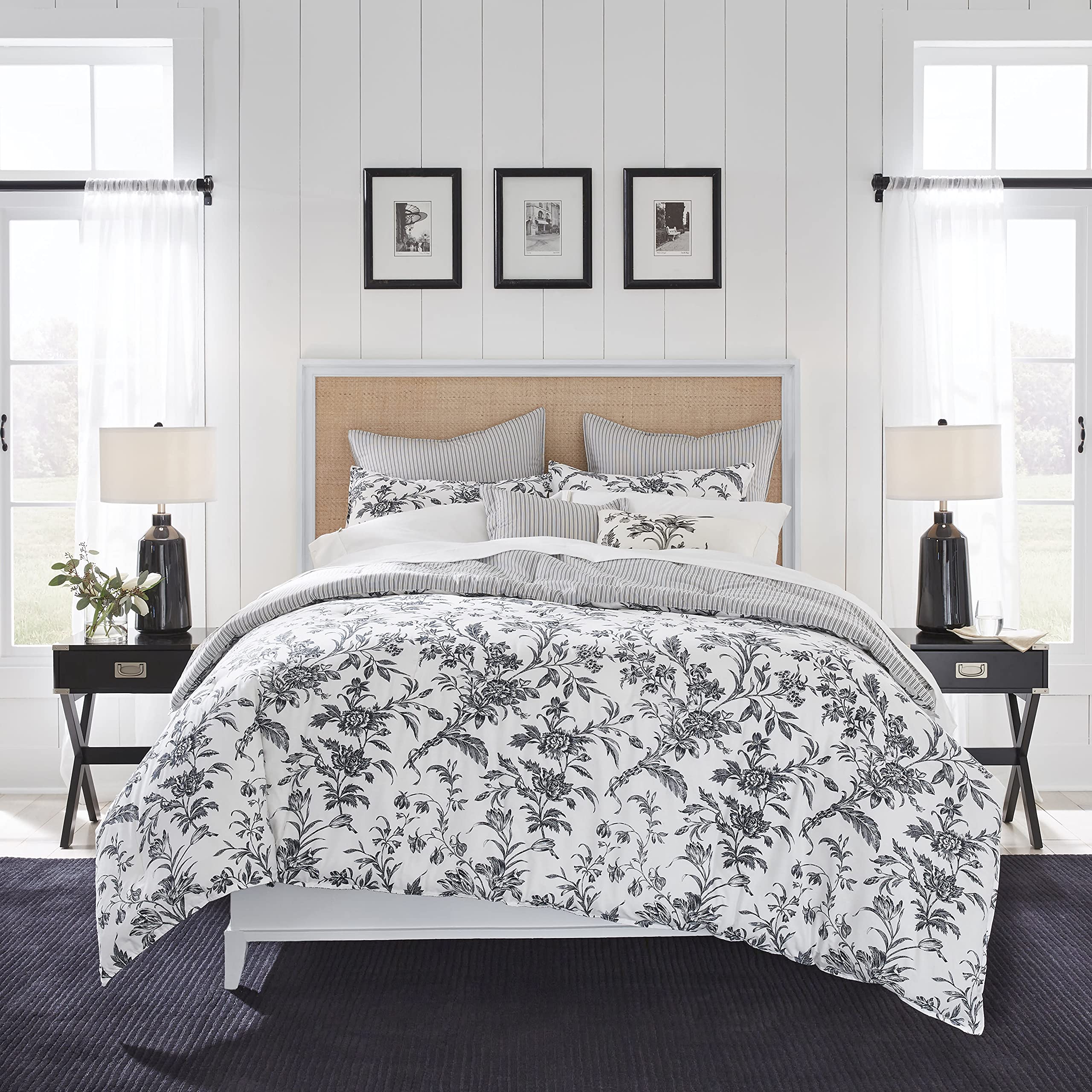 Laura Ashley- King Comforter Set, Cotton Reversible Bedding Set, Includes Matching Shams with Bonus Euro Shams & Throw Pillow Covers (Branch Toile Blue, King)