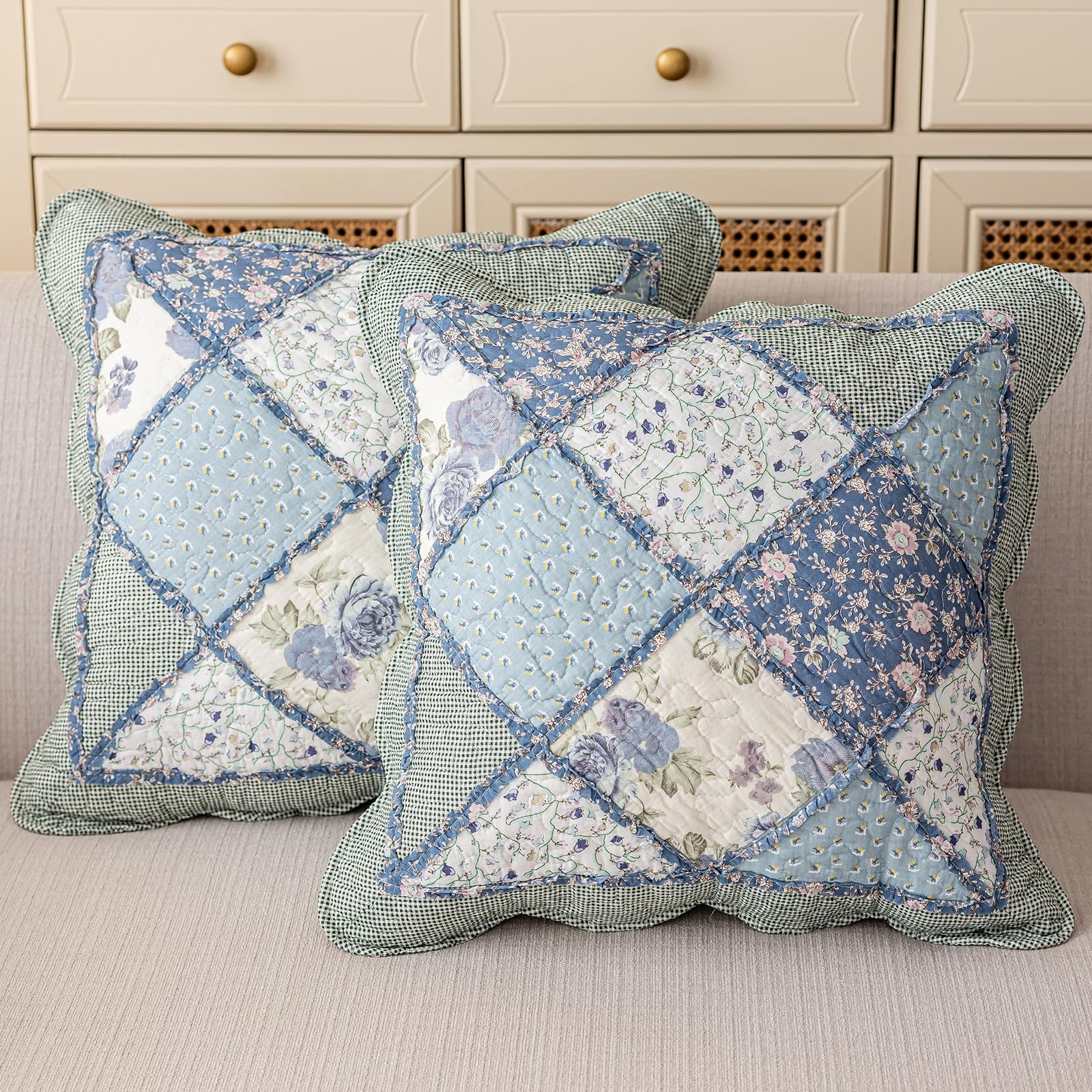 vctops Set of 2 Quilted 100% Cotton Boho Throw Pillow Covers 18" x 18" Farmhouse Country Floral Patchwork Decorative Cushion Cover, Patchwork Flower M