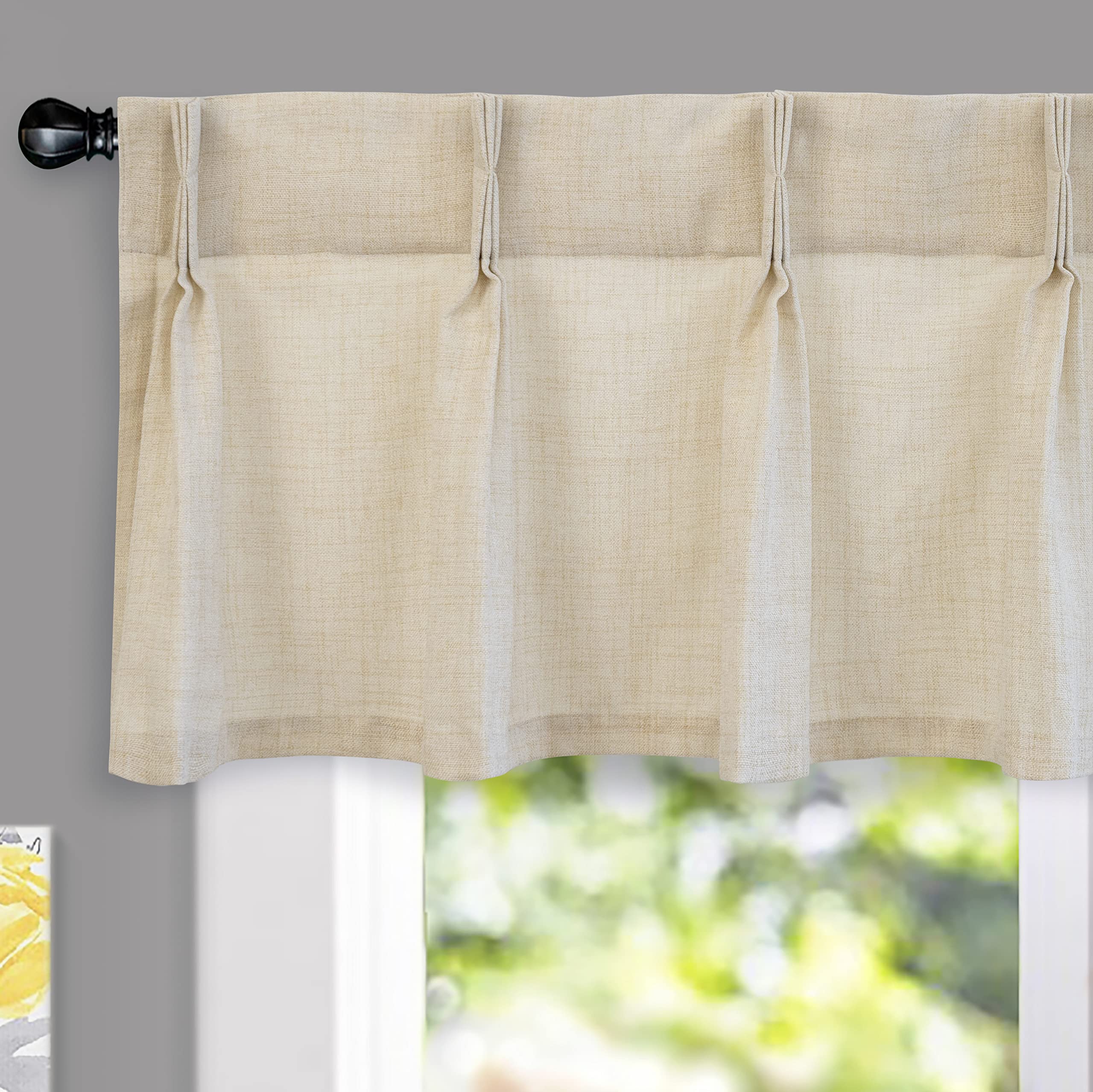 DriftAway Pinch Pleat Valance for Kitchen Window Linen Textured Valance for Living Room Farmhouse Semi Sheer Linen Curtain Valance Window Treatment Back Tabs 50 Inches by 16 Inches Light Linen